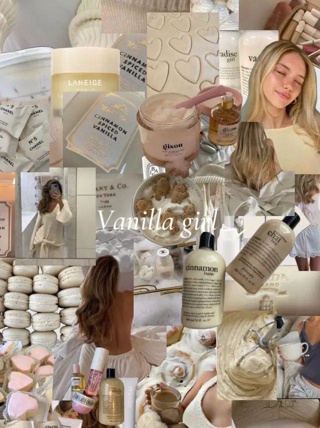  A collage of photos of a woman in a bath with a bottle of Vanilla Girl.