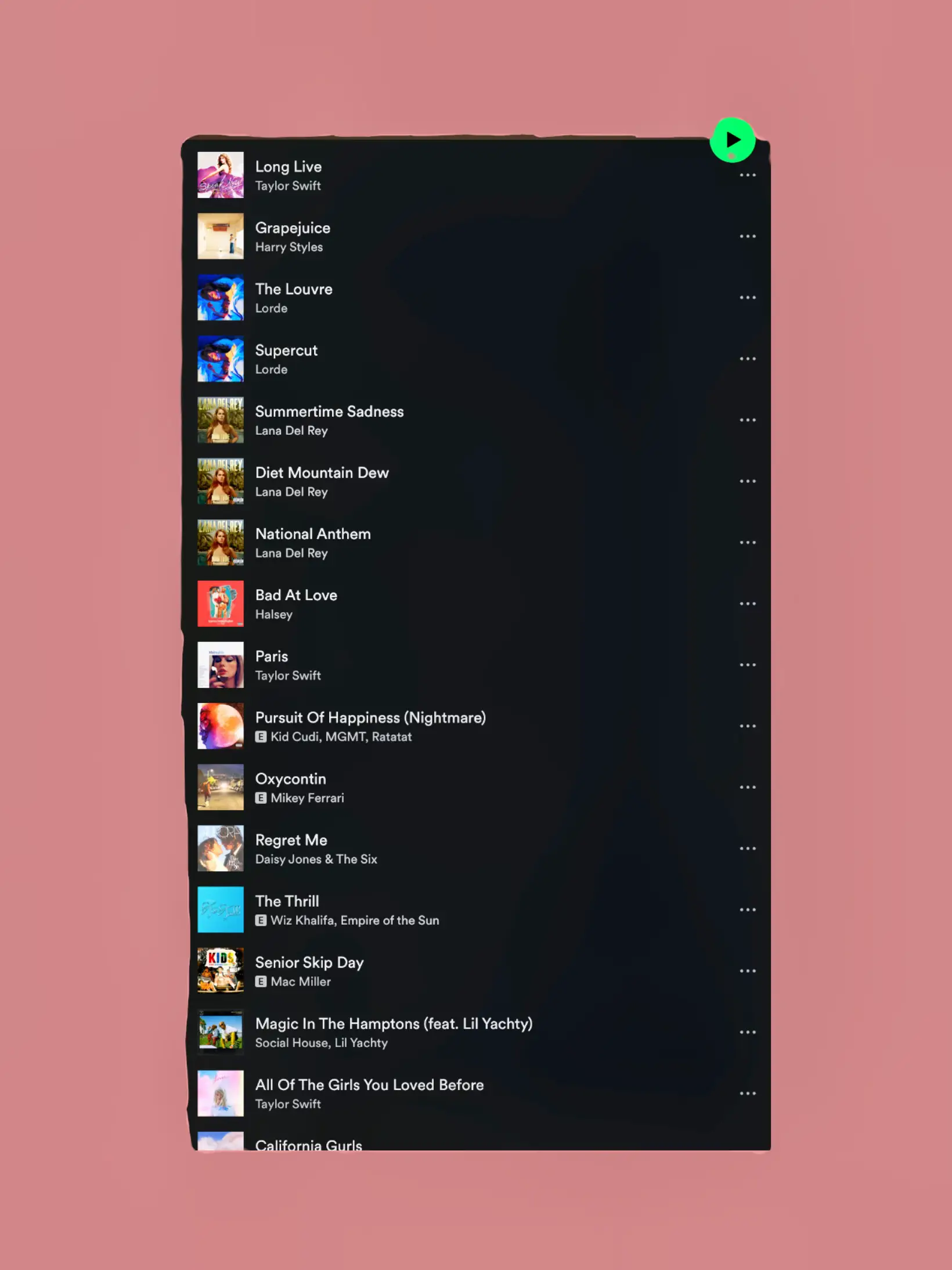  A list of songs with a pink background.