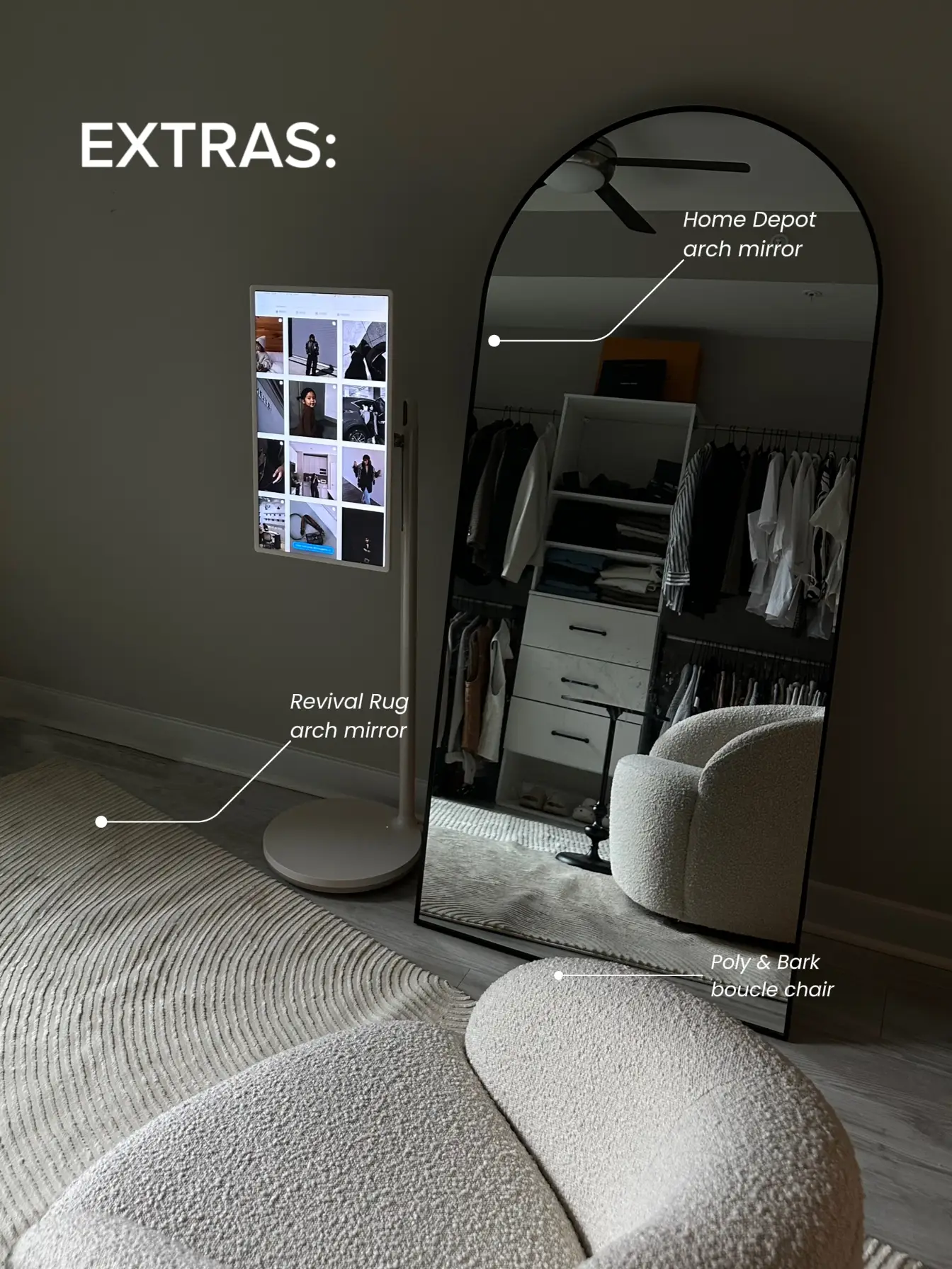  A mirror with a rug under it.