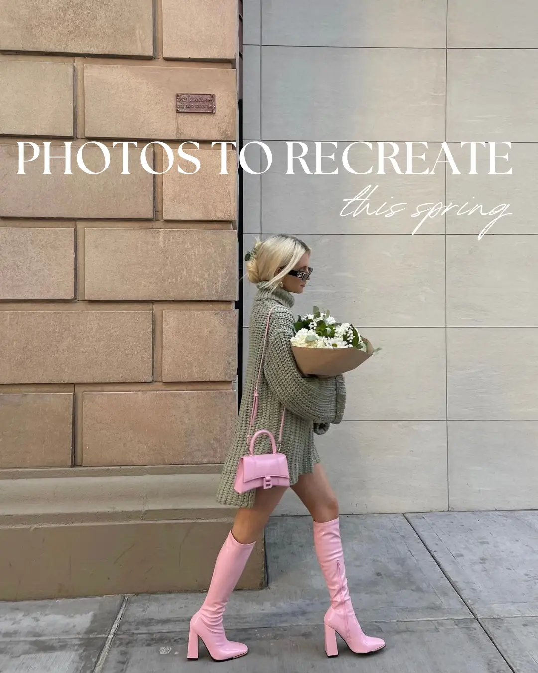  A woman wearing a pink jacket and pink boots is walking down a sidewalk. She is holding a pink purse and is accompanied by a dog. The image is labeled with the words "Photos to Rec