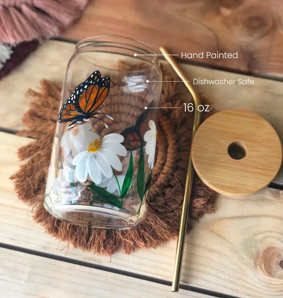 Monarch Butterfly Glass Coffee Mug, Butterfly Mason Jar Cup