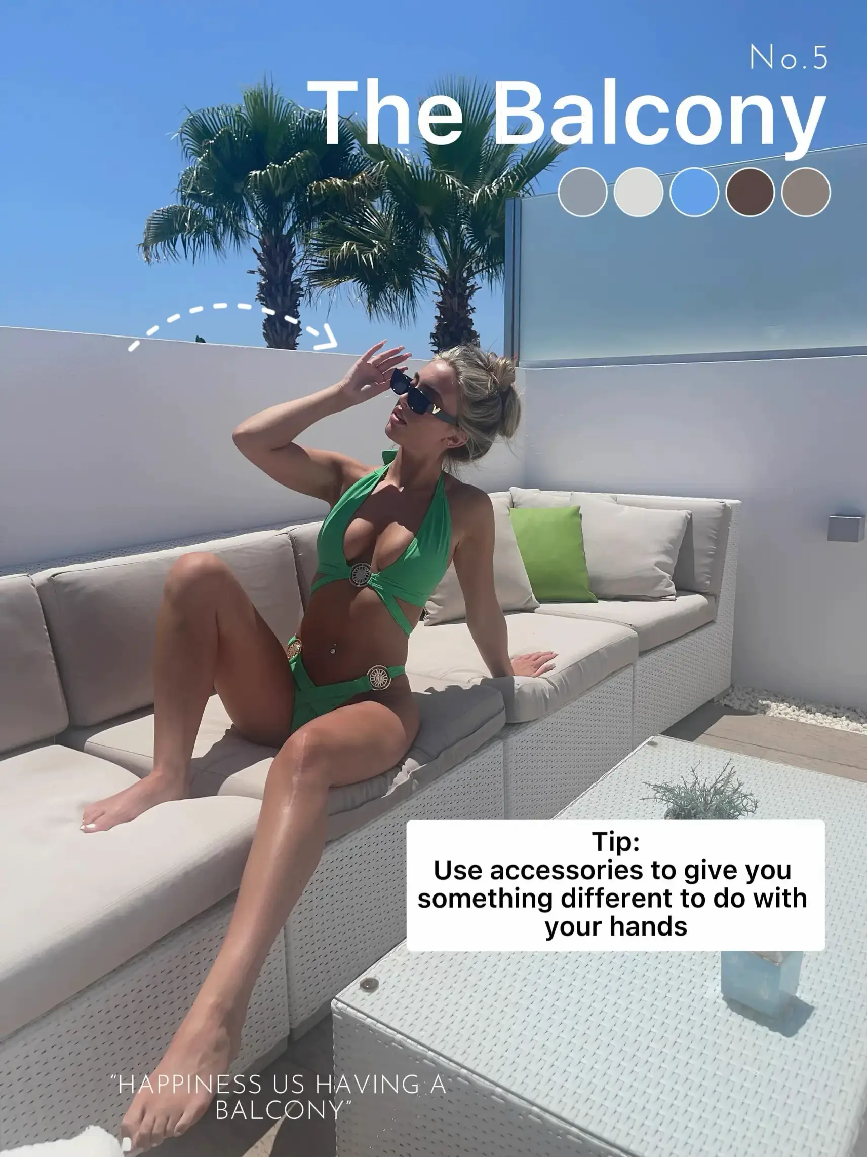  A woman in a green bikini is sitting on a couch.