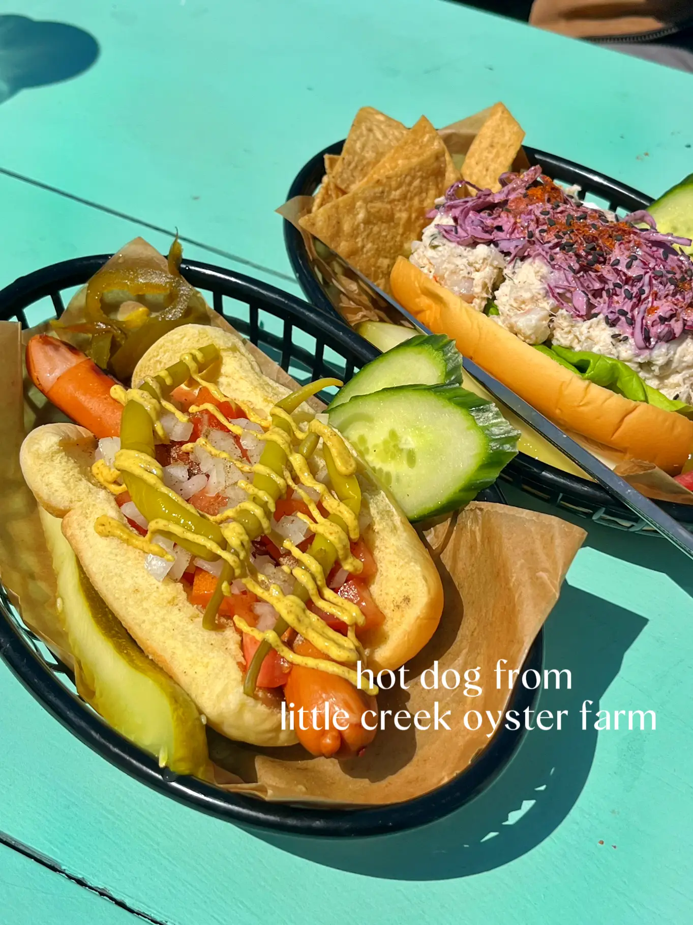 Two plates of food with the words "hot dog from little creek oyster farm" written on them.