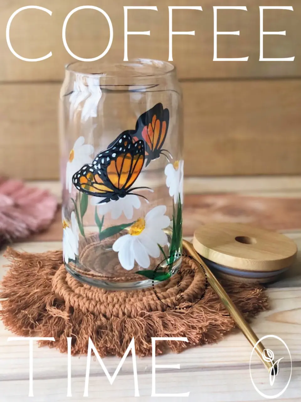 Monarch Butterfly Glass Coffee Mug, Butterfly Mason Jar Cup