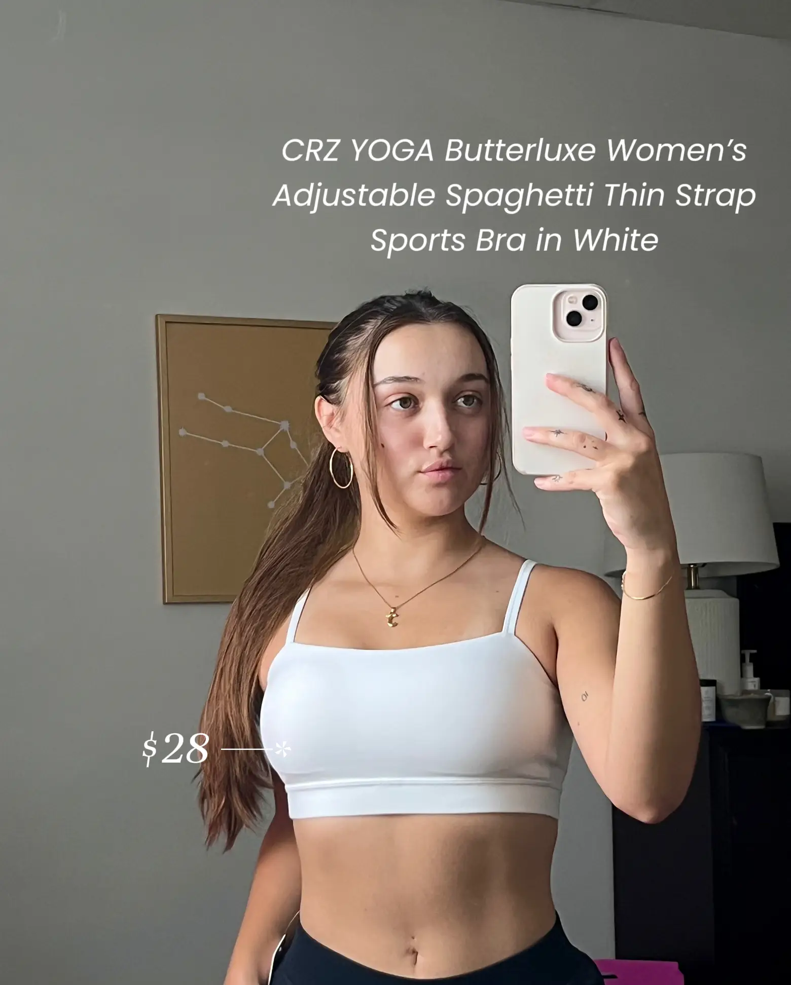 CRZ YOGA Butterluxe Womens Adjustable Spaghetti Thin Strap Sports Bra -  Padded Wireless Square Neck Workout Yoga Bra