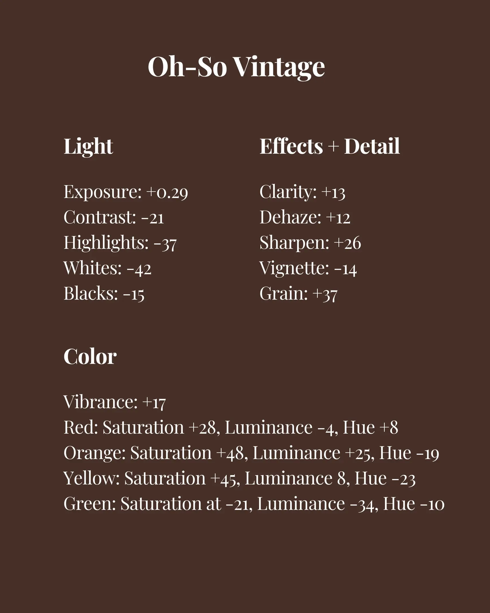 A list of effects for a vintage image.