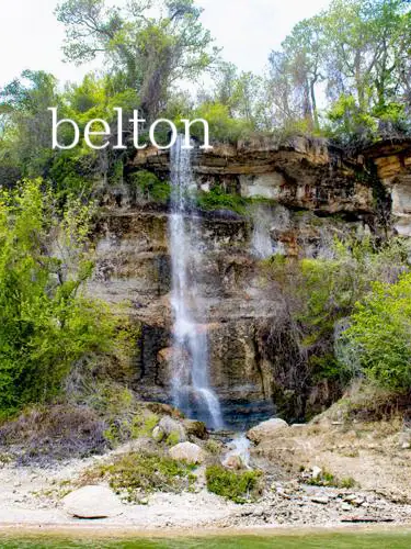  A waterfall with the words belton on it.