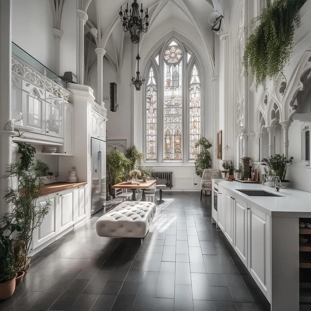 White kitchen in a post gothic interior