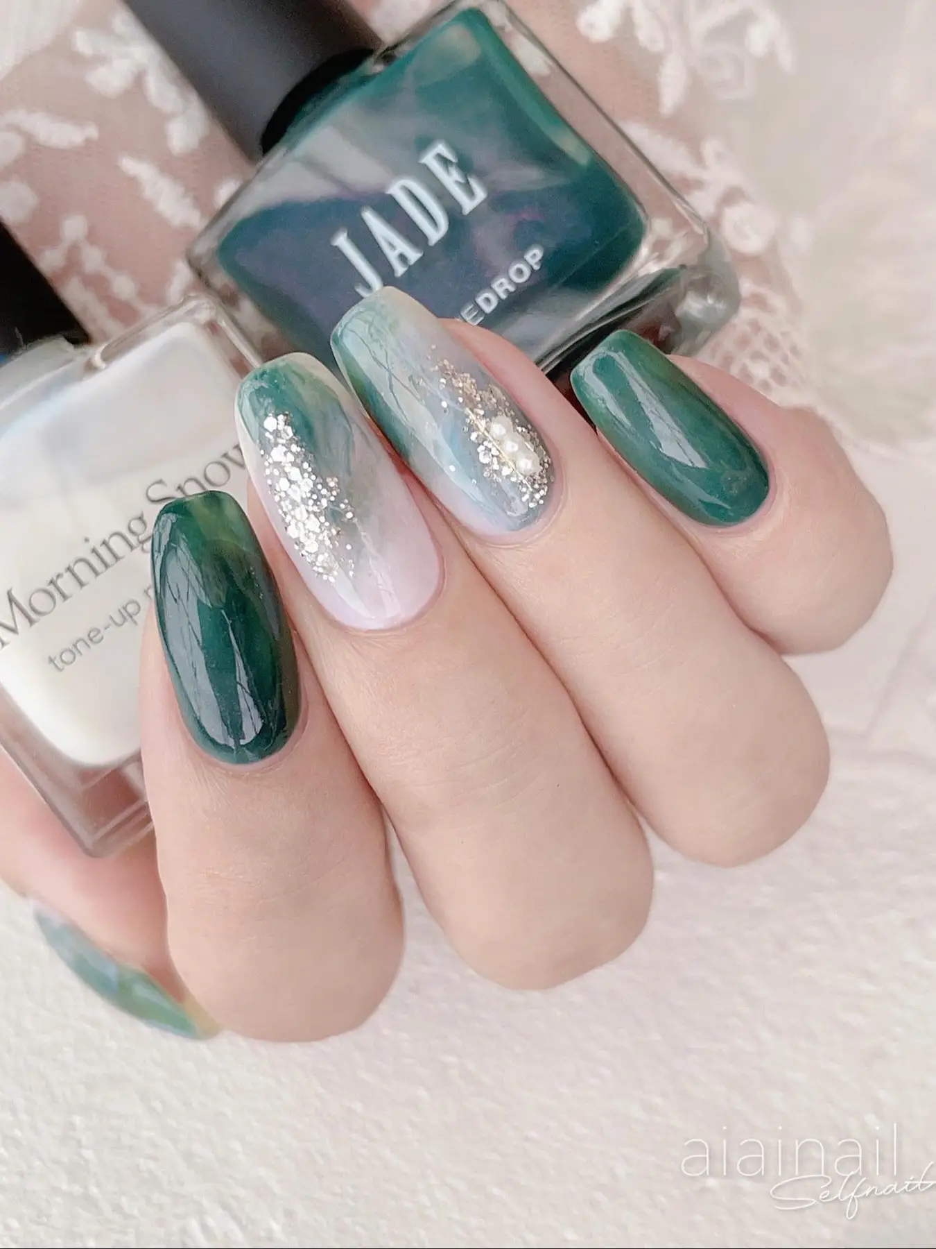 Nuance nail in dark green with pink pearls, Gallery posted by aiainail_