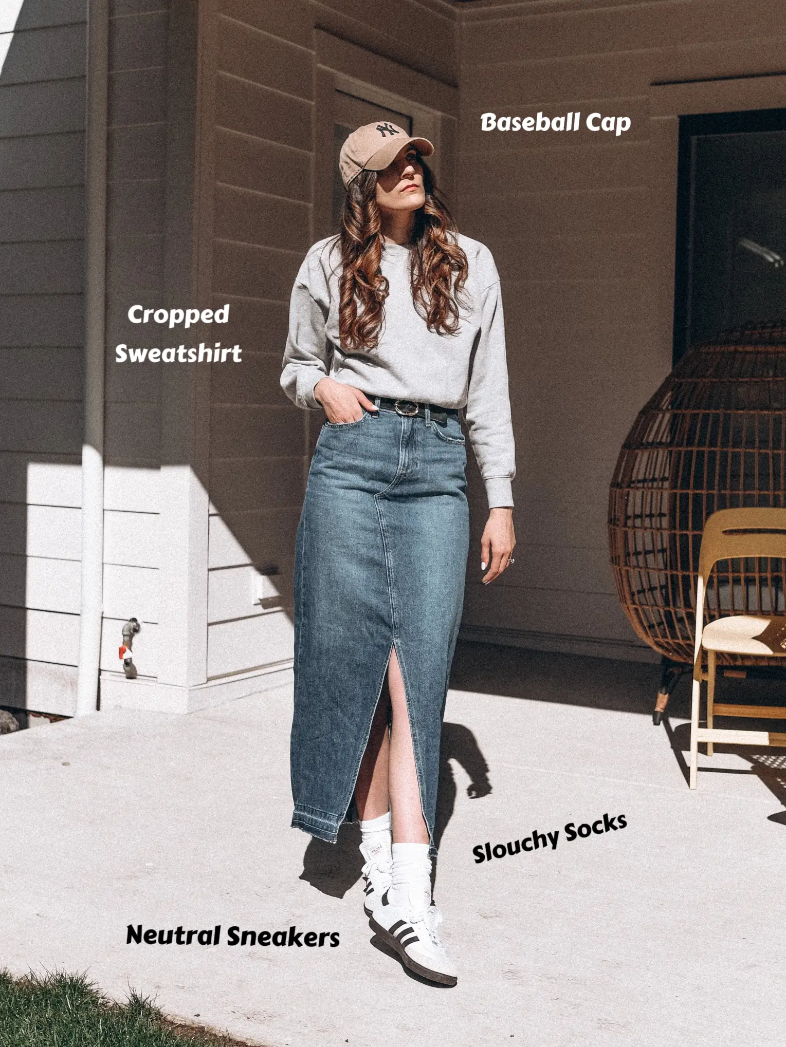 Long denim skirt and sneakers best sale