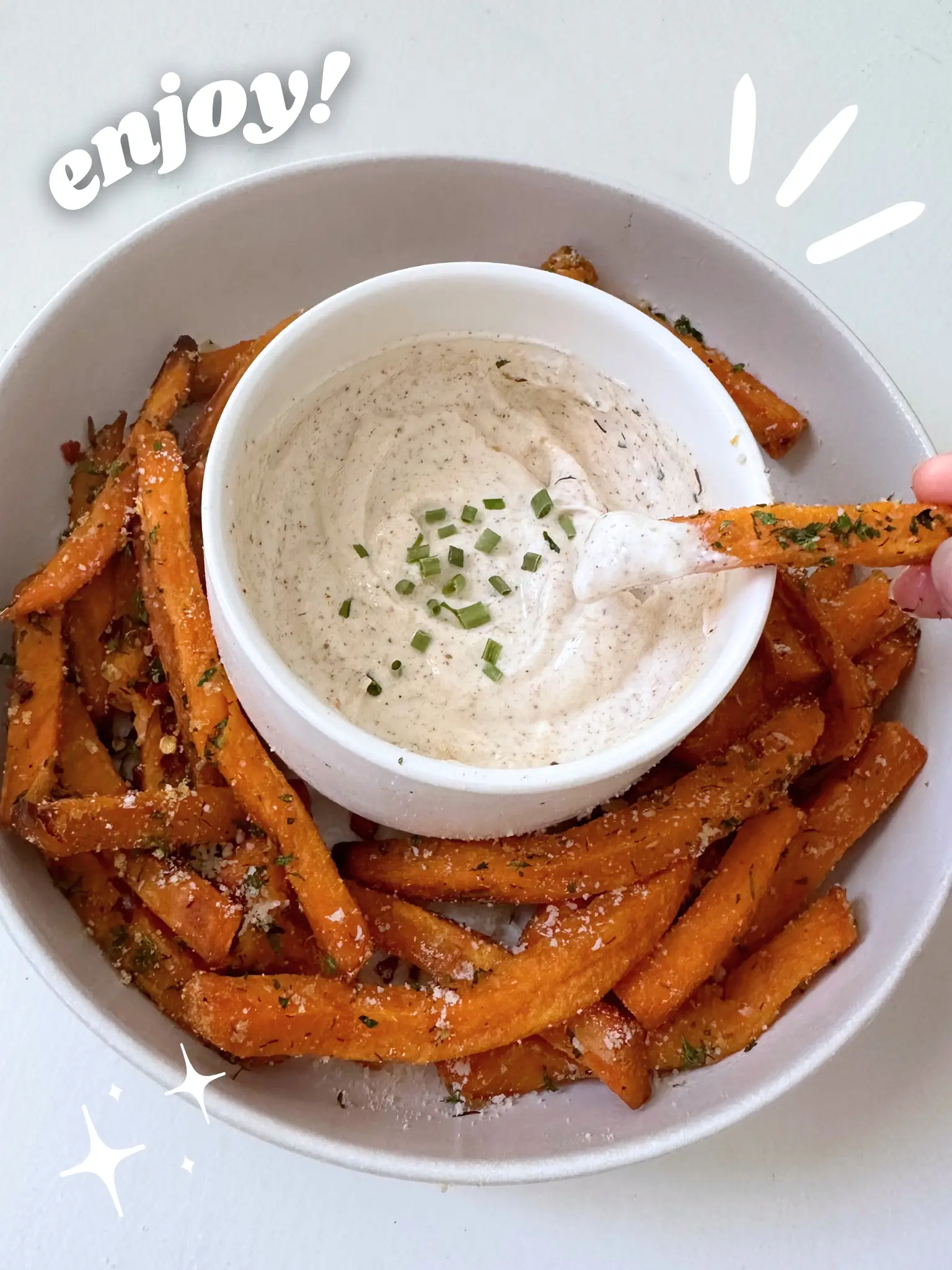 Garlic Parmesan Sweet Potato Fries with Spicy Aioli. - Half Baked