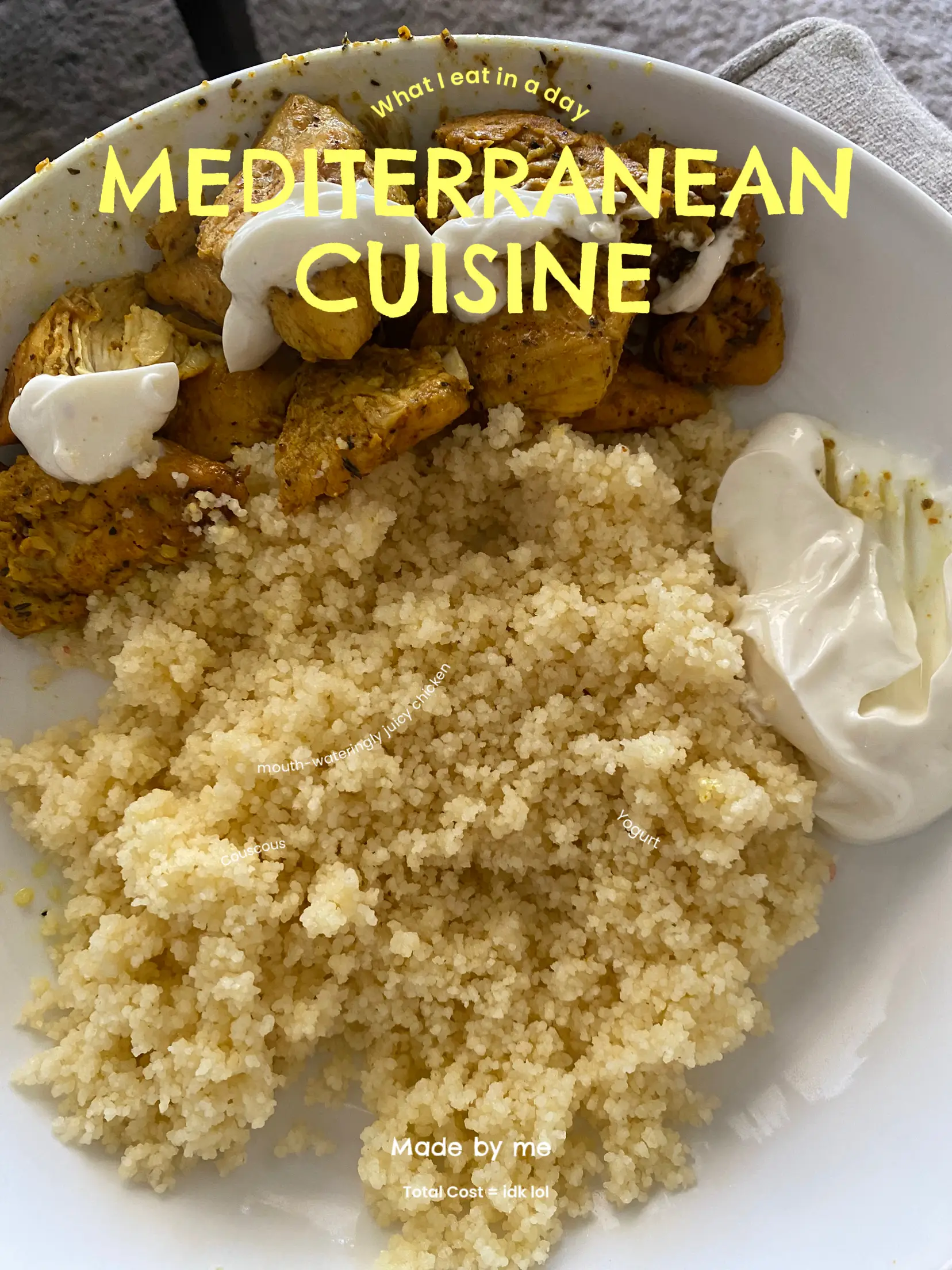  A plate of food with chicken, couscous, and yogurt.