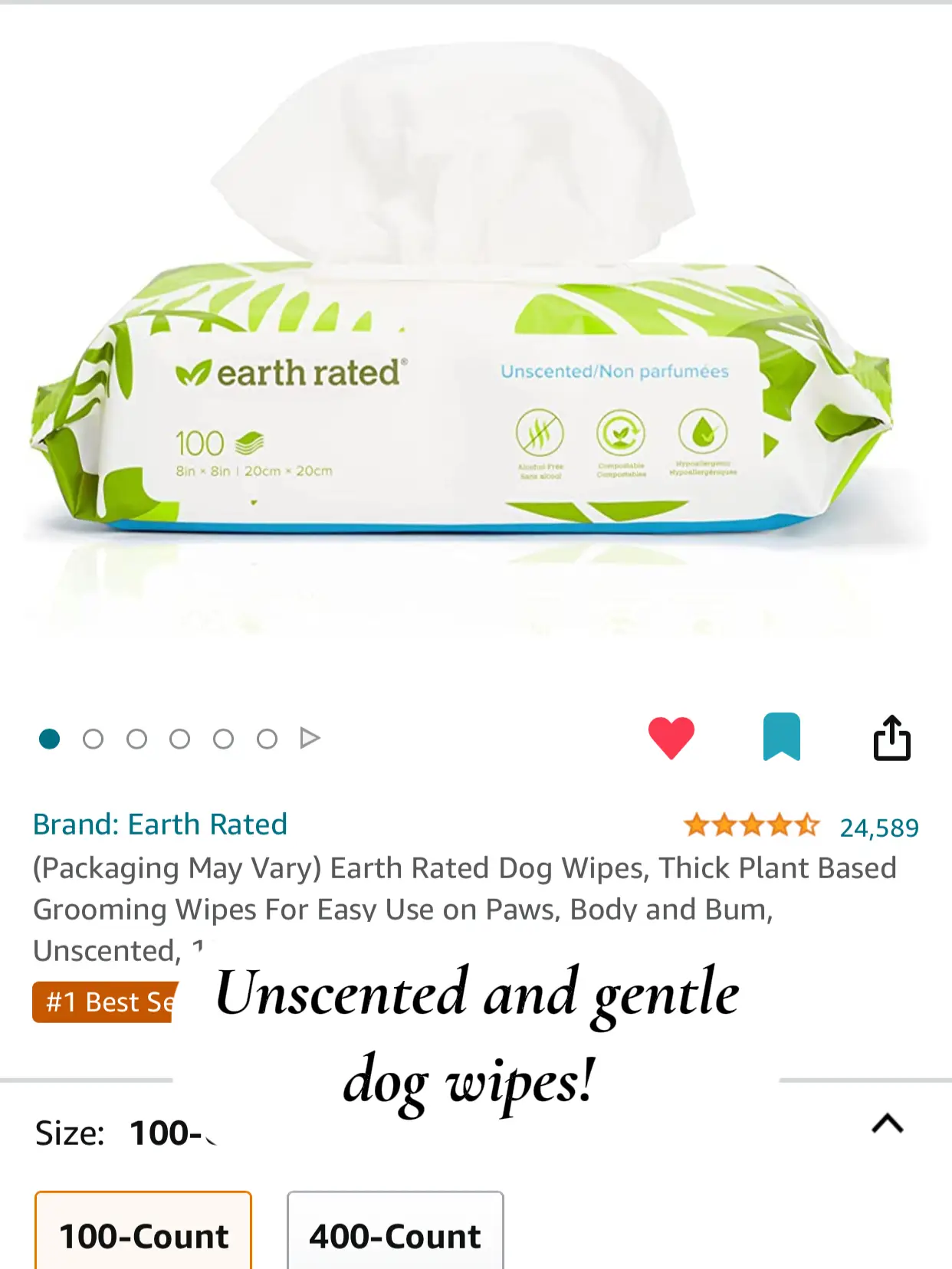 Earth Rated Plant Based Unscented Dog Wipes, Count of 400