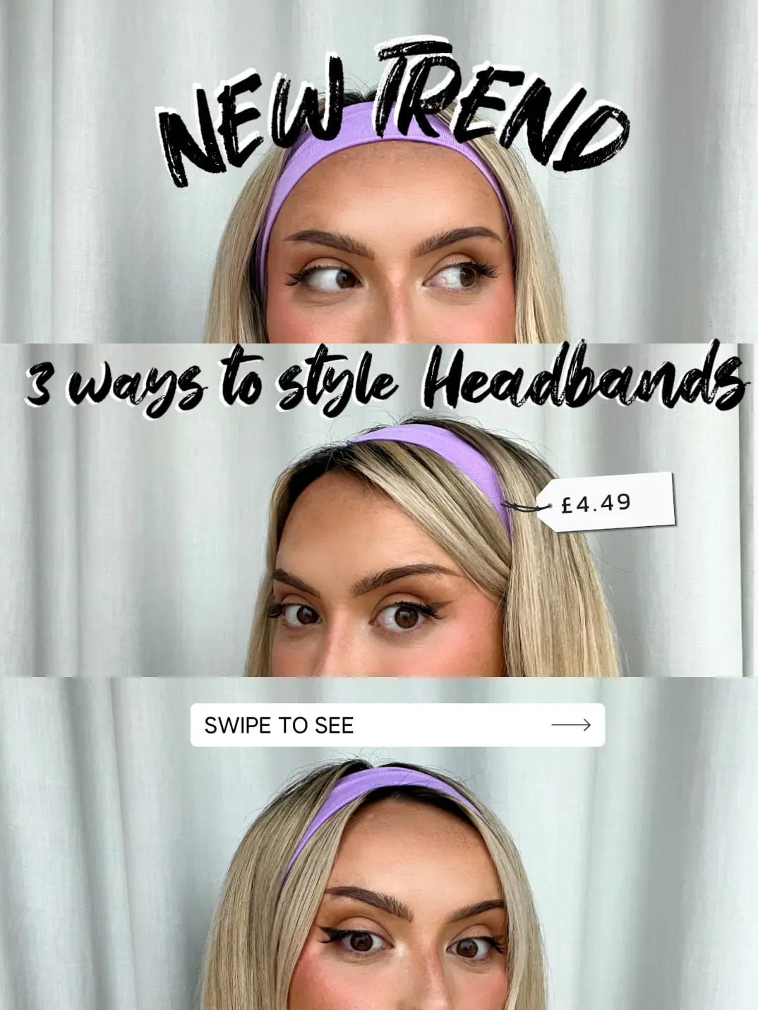  Three pictures of a woman with a headband on.