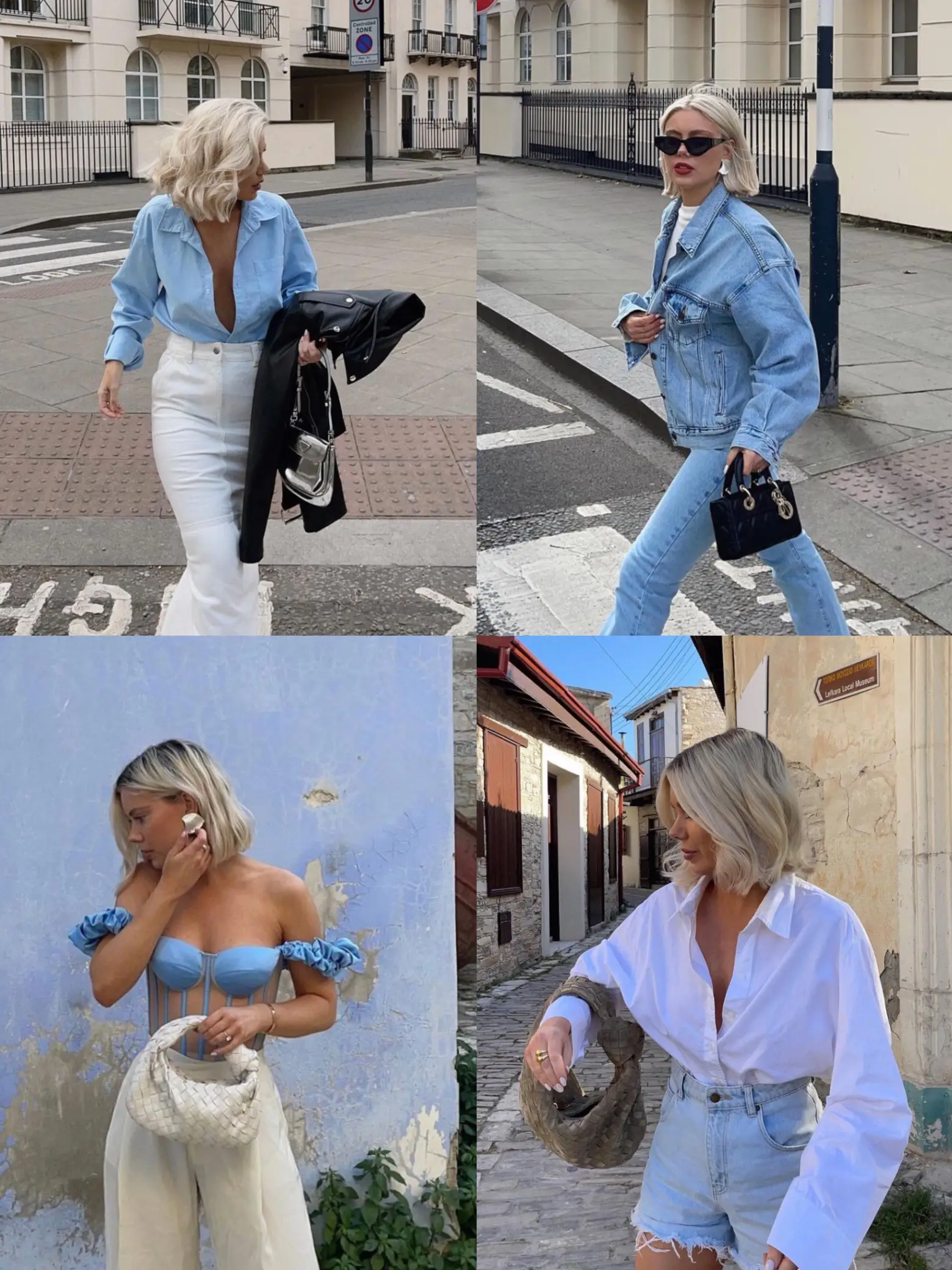  A woman in a blue shirt is standing on a street with a purse on her shoulder.
