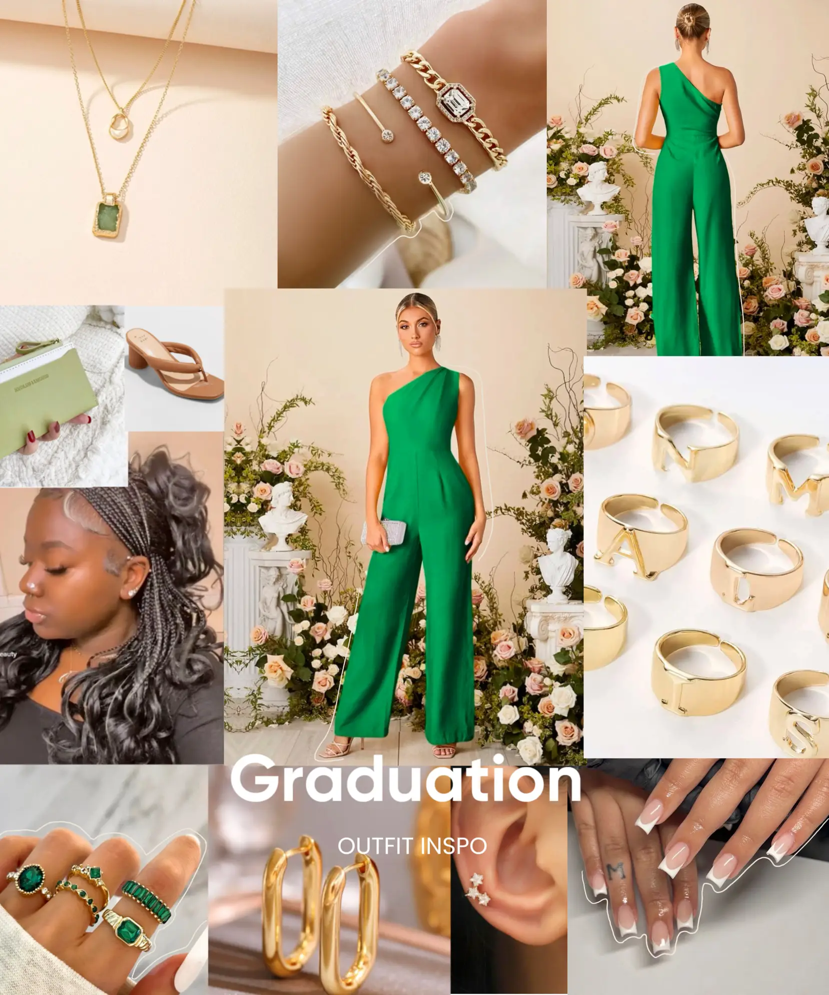 Green dress hotsell gold accessories