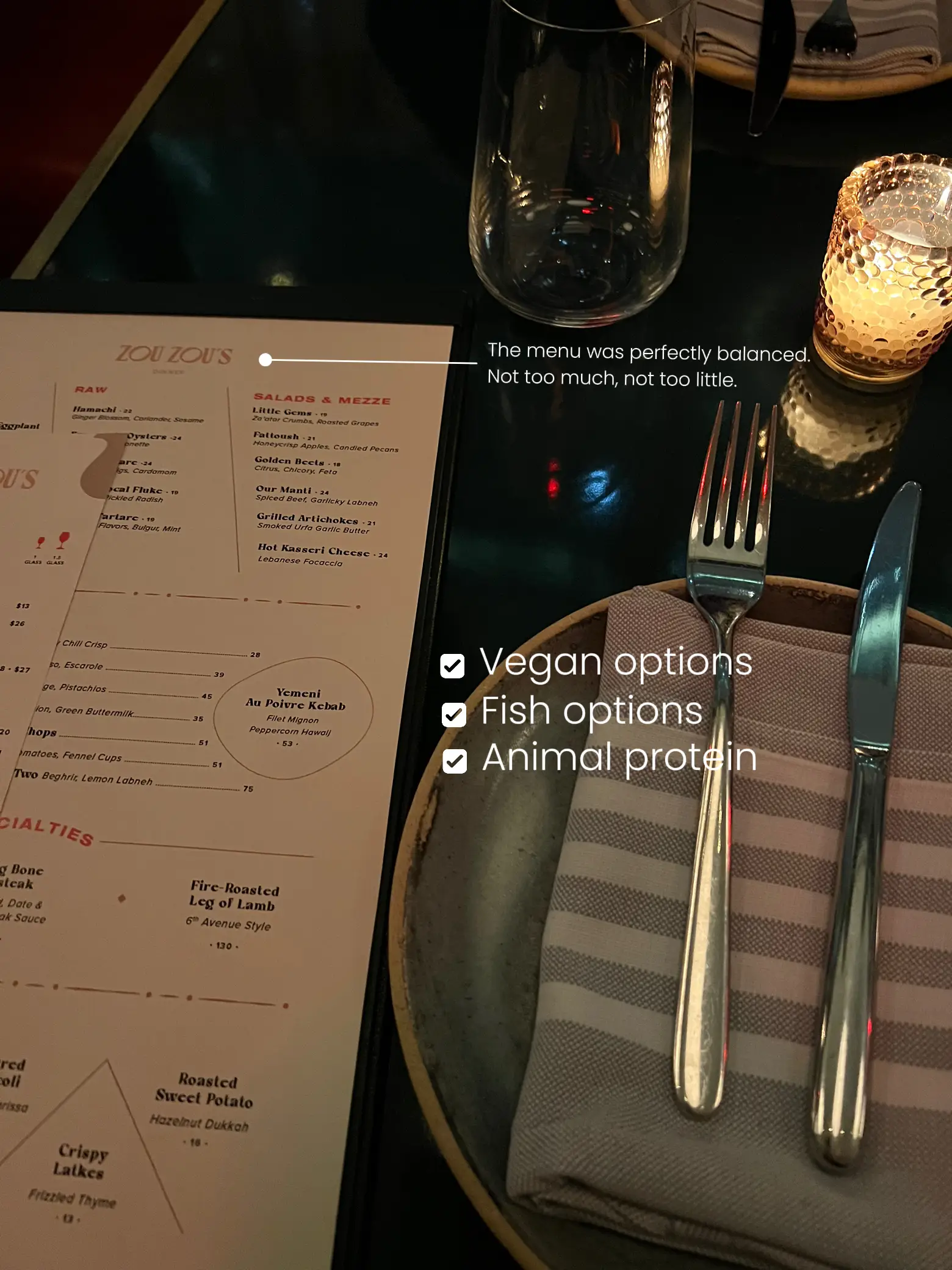 A menu with a variety of options including vegan, fish and animal protein.