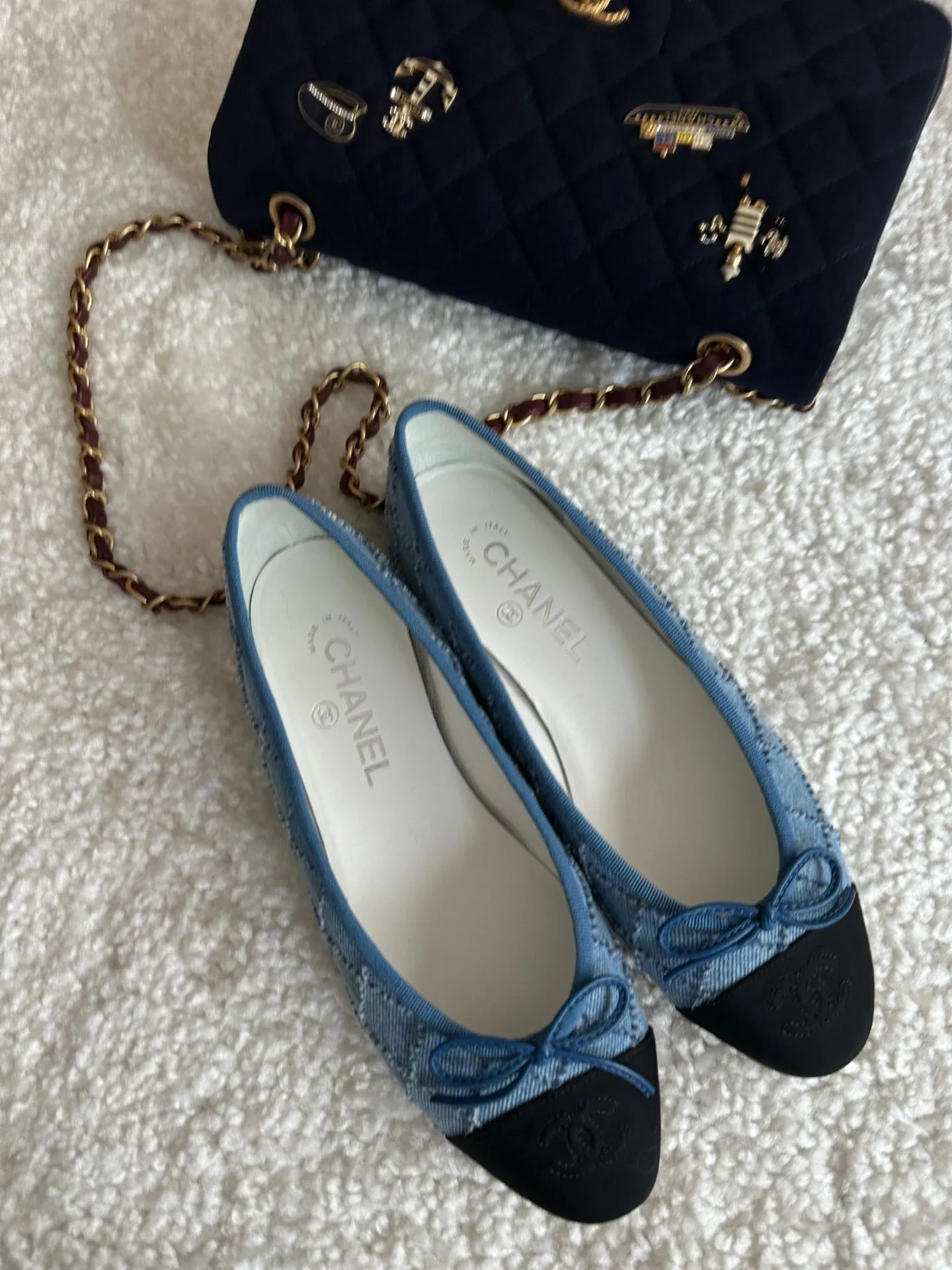 Chanel navy denim ballet flats with bow