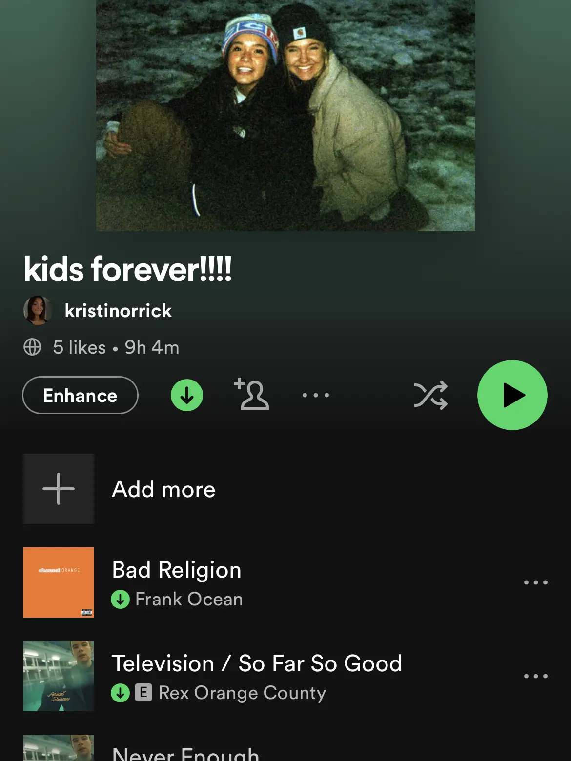  A playlist of music with the words " kids forever!!!" at the top.