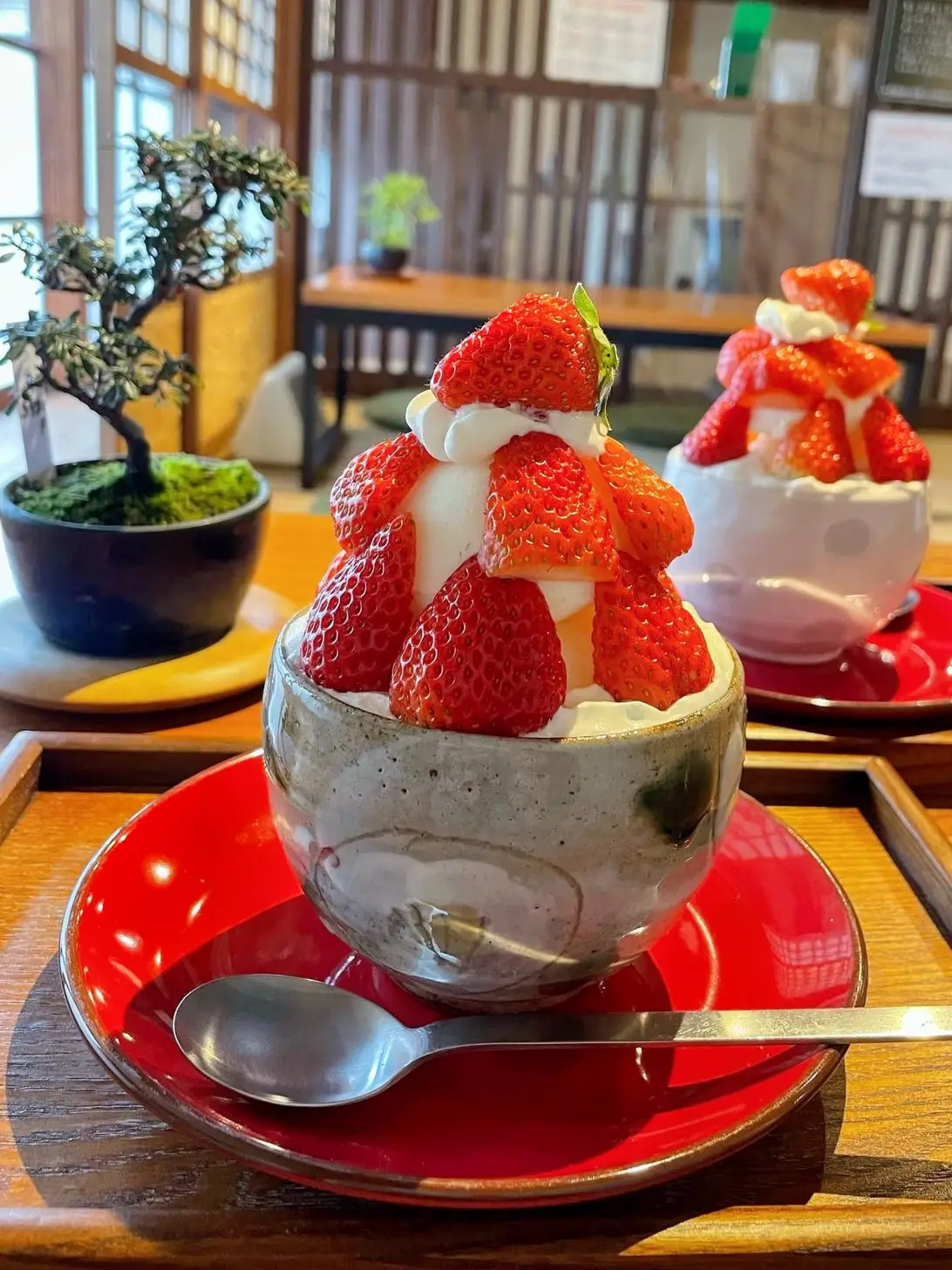 Relaxing on tatami mats Bonsai   🍓 strawberry parfait in a healing space 【  Nara 】 | Gallery posted by みるきー[奈良カフェ巡り] | Lemon8