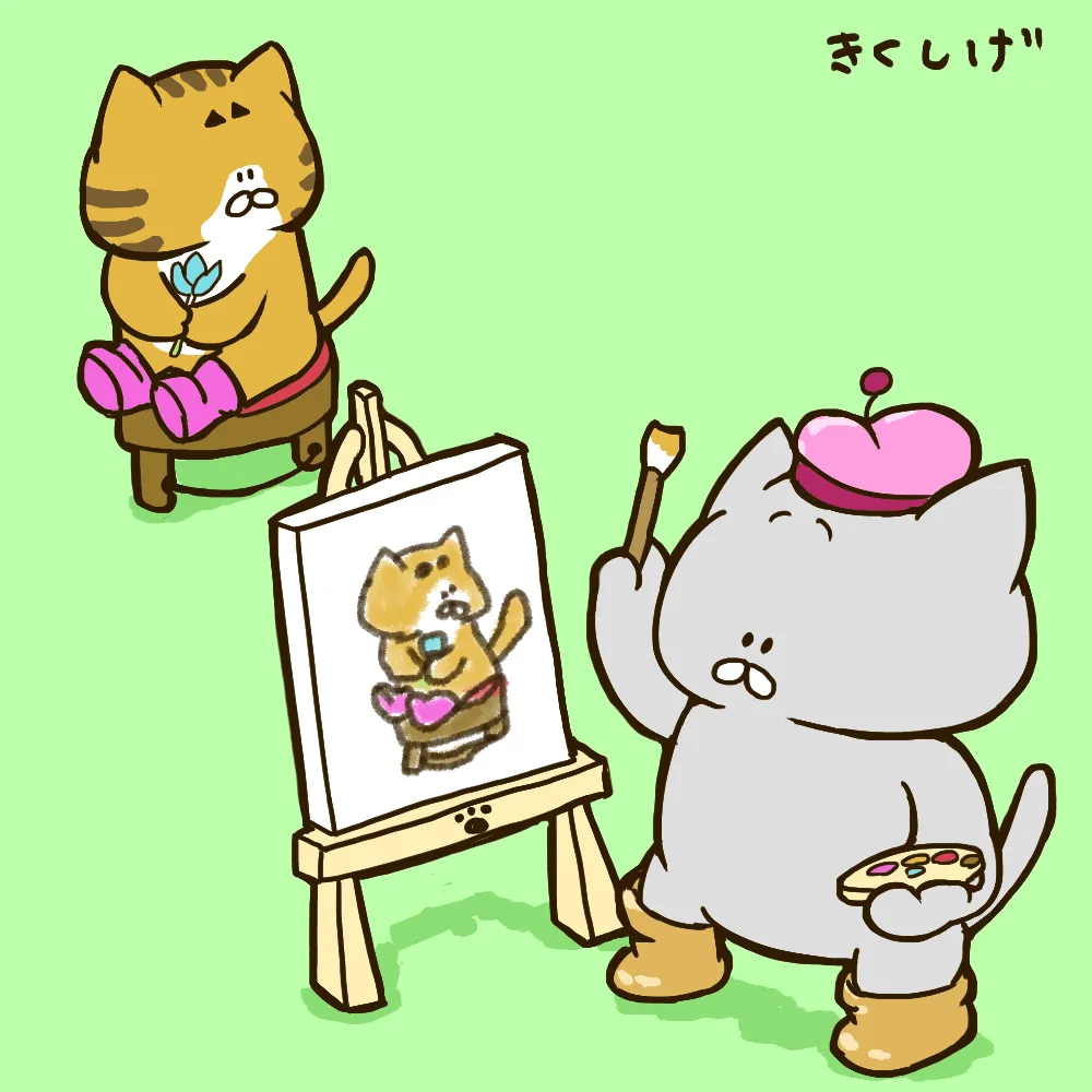 絵画。原画手描き【雪が降る冬、かわいい犬と猫の楽しい写真記念】