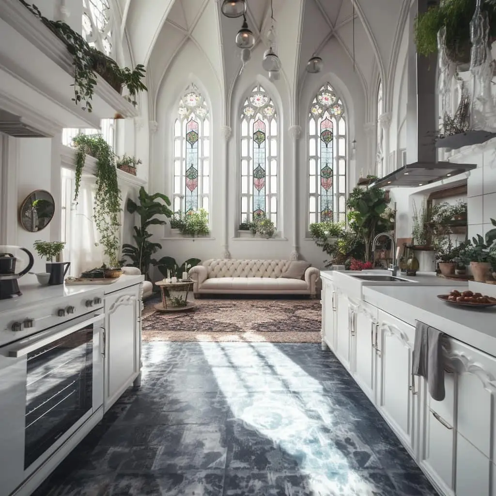 White kitchen in a post gothic interior