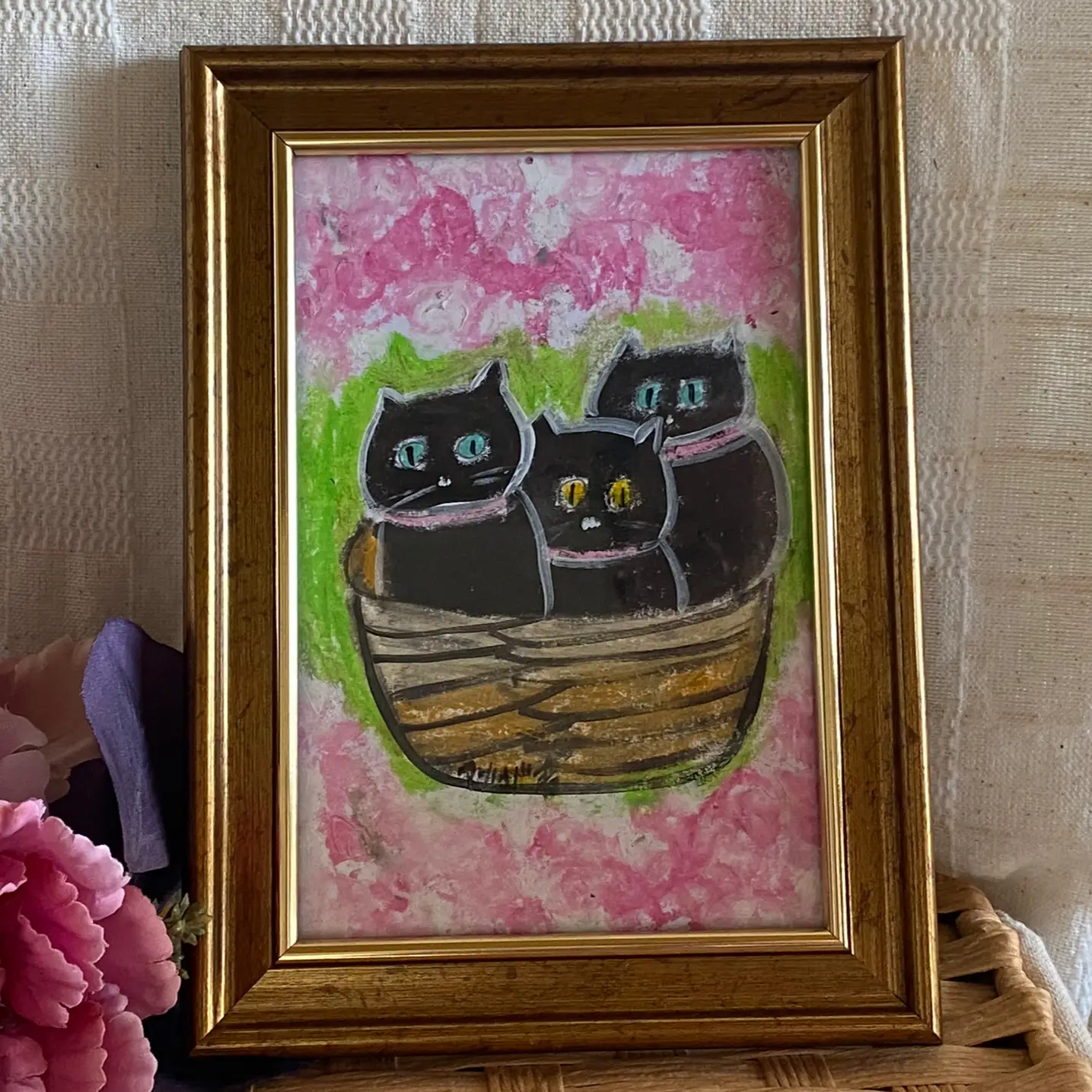 絵画。原画【3匹のかわいい黒猫がスカーフを結んで高級スイーツを食べている】 絵画。原画【3匹のかわいい黒猫がスカーフを結んで高級スイーツ