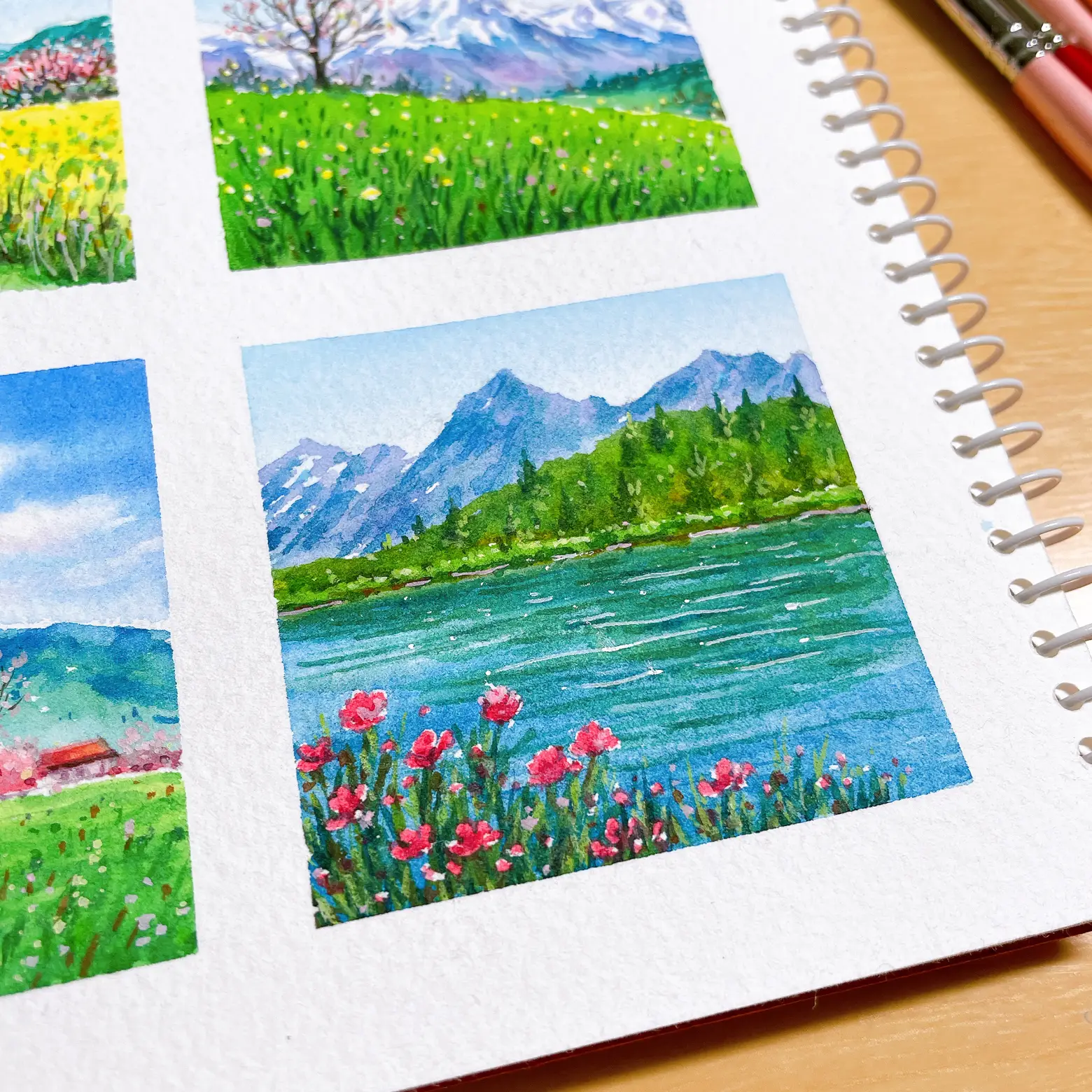 水彩画 霧島山と風景