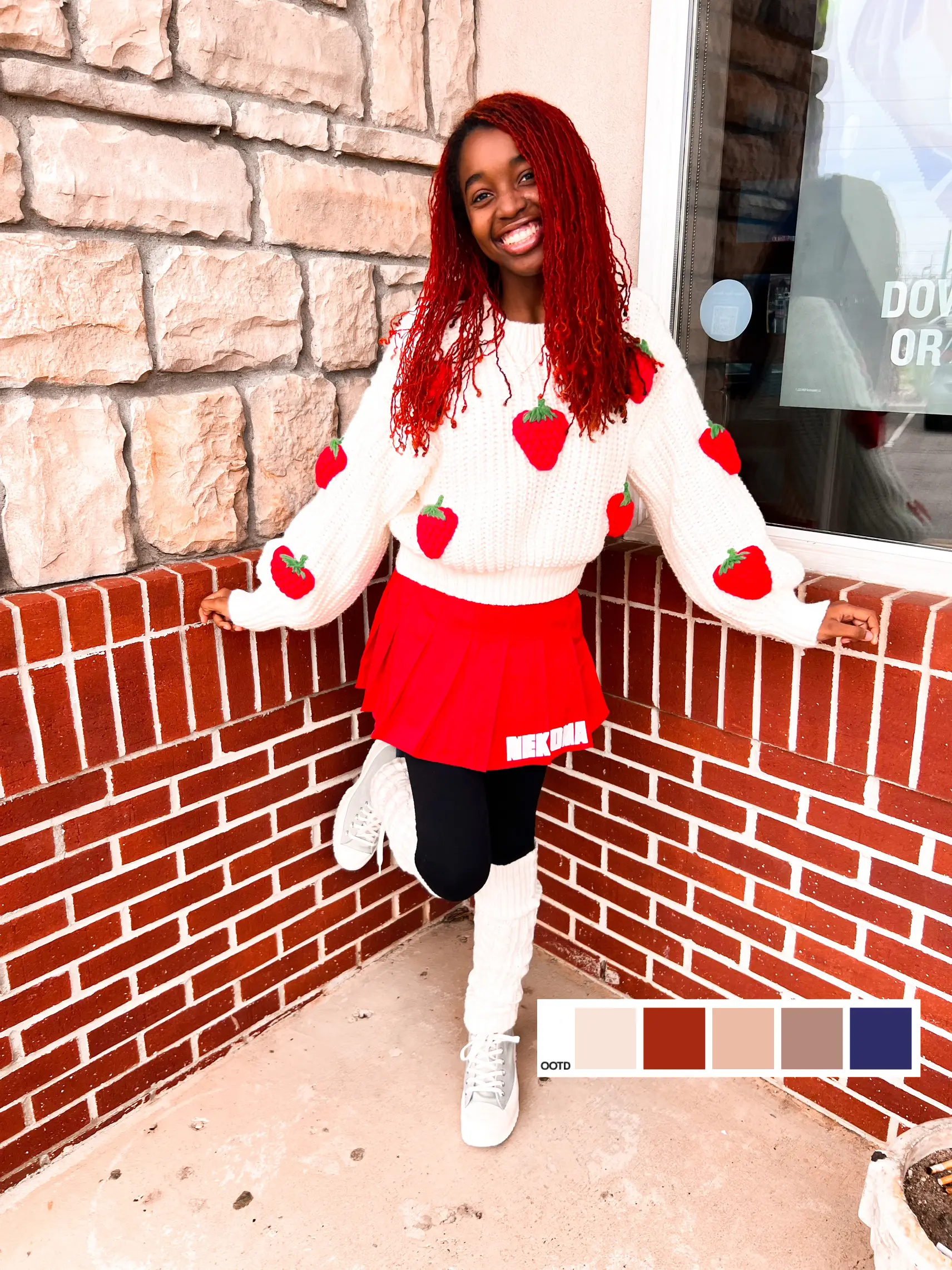 White sweater red outlet skirt