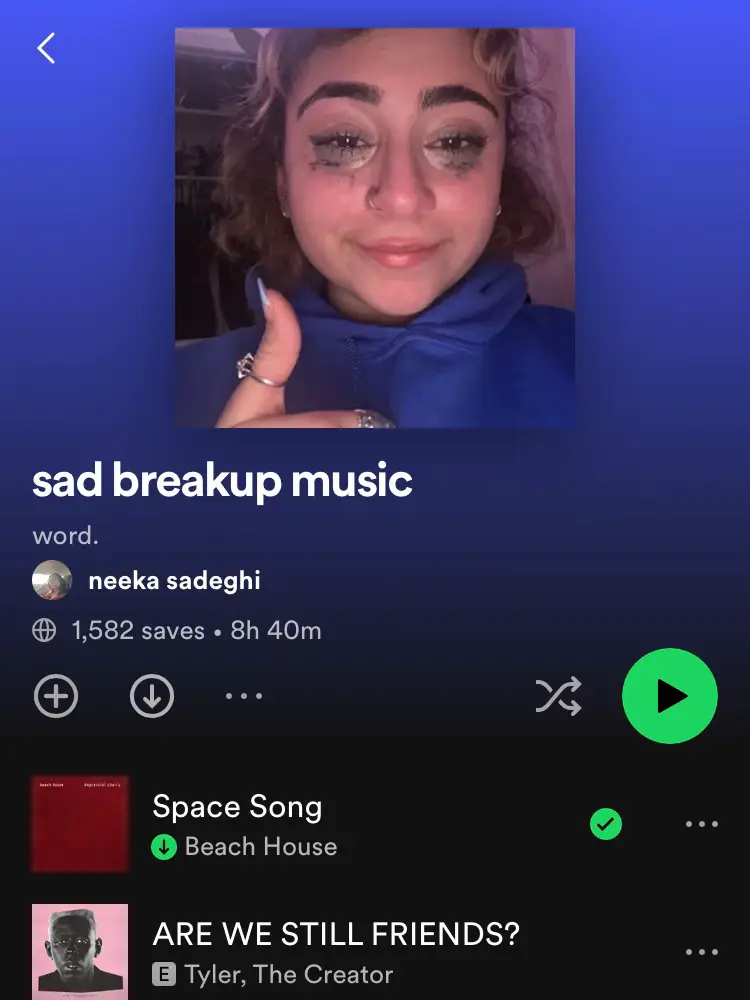  A list of music with the words "sad breakup music" at the top.