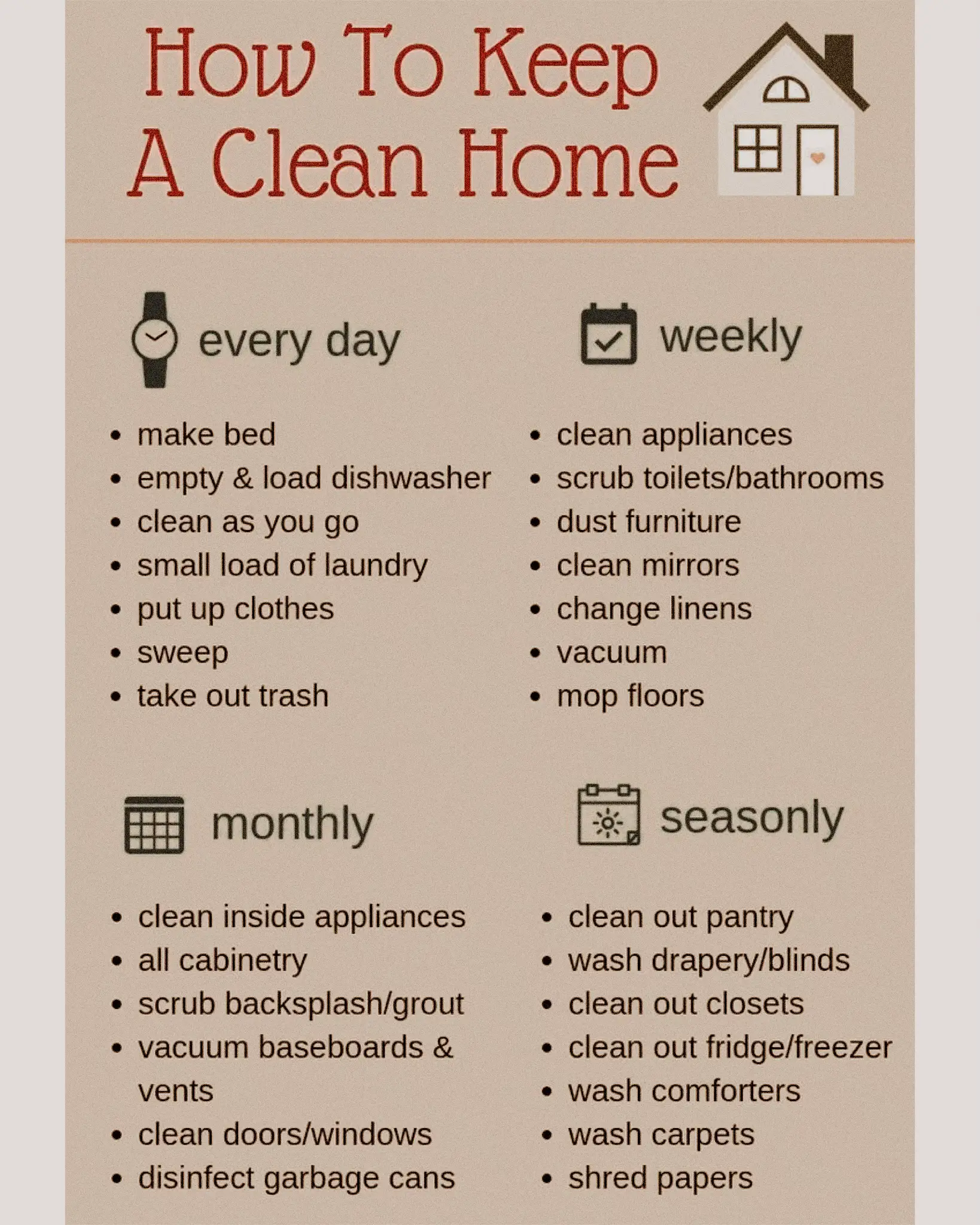  A list of cleaning tasks for a household.