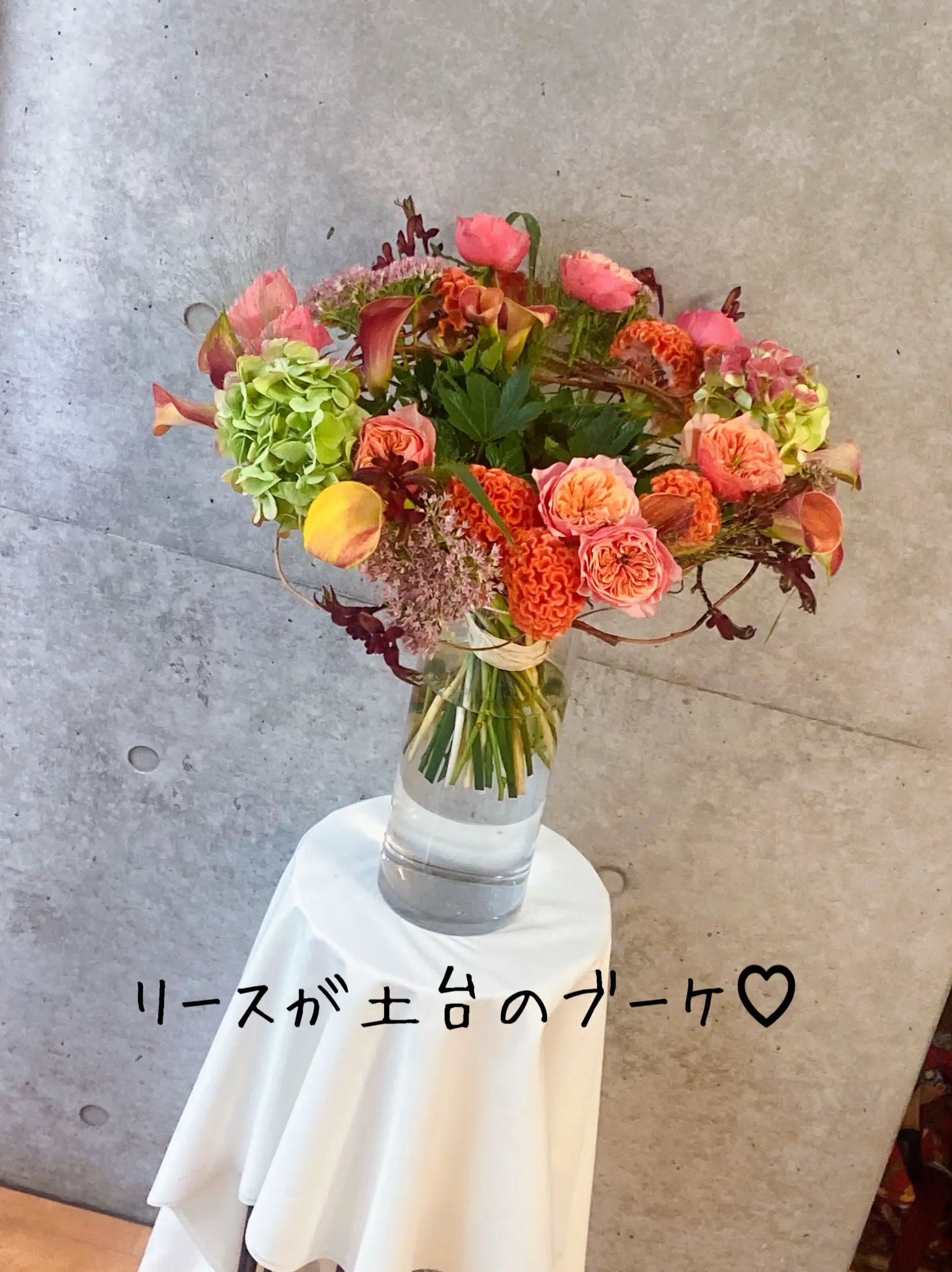 【予約受付中】 じゃすみん様ご確認用＊ピンクオレンジのブーケ＊お花・葉っぱ スーツ・フォーマル・ドレス