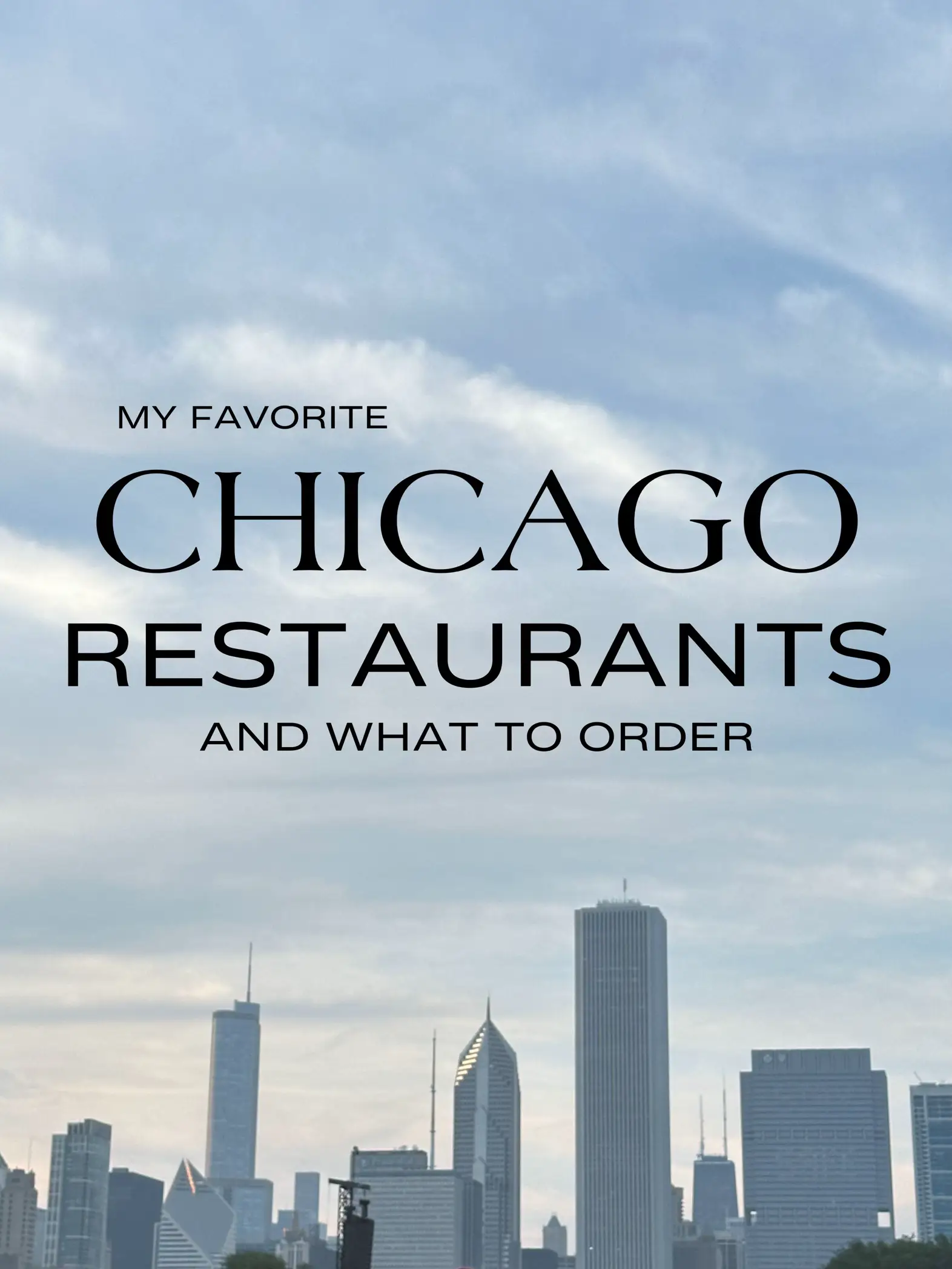  A cityscape of Chicago with a restaurant list.