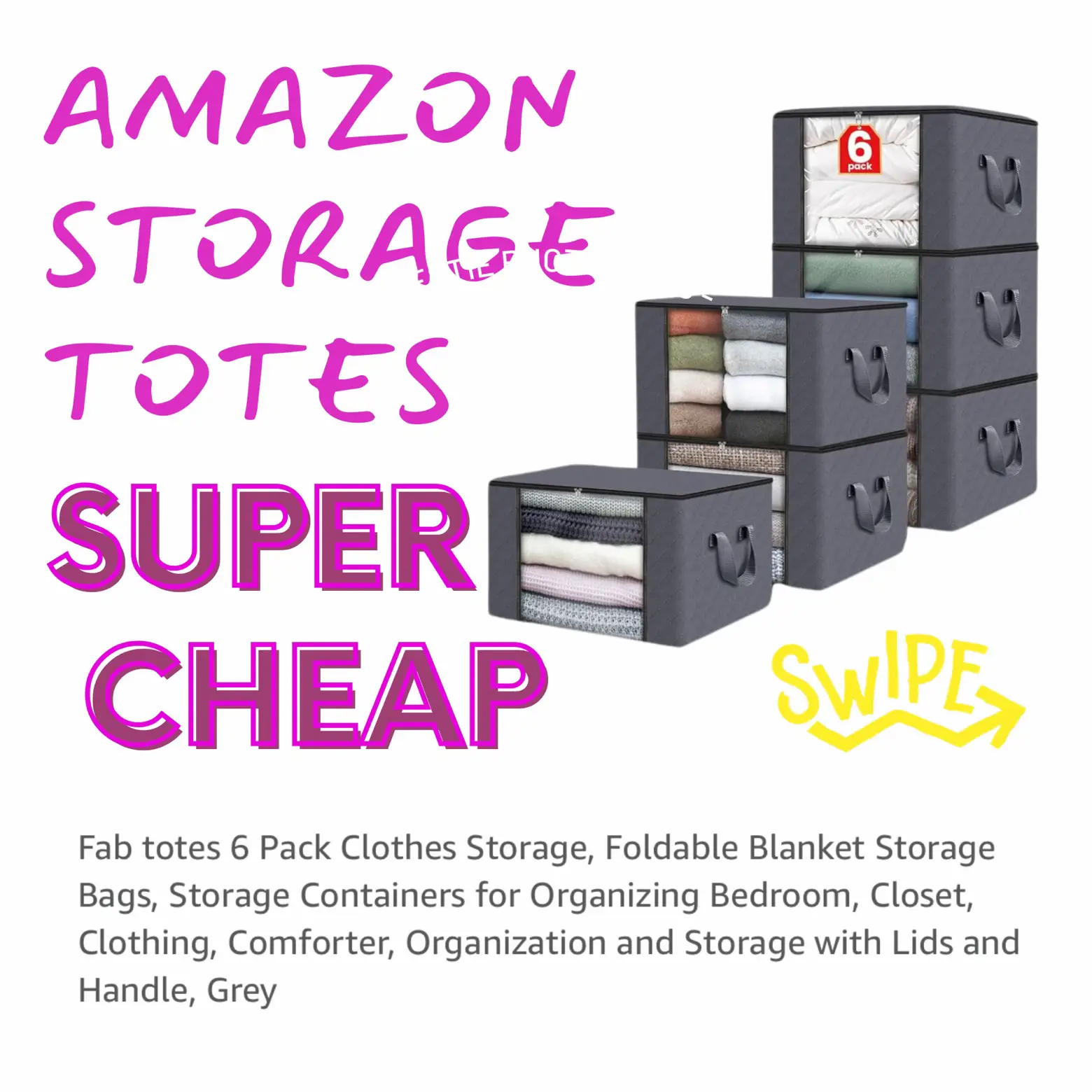Fab totes 6 Pack Clothes Storage, Foldable Blanket Storage Bags