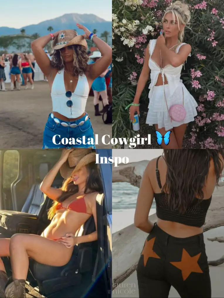  A collage of four pictures of a woman wearing a bikini and a straw hat.