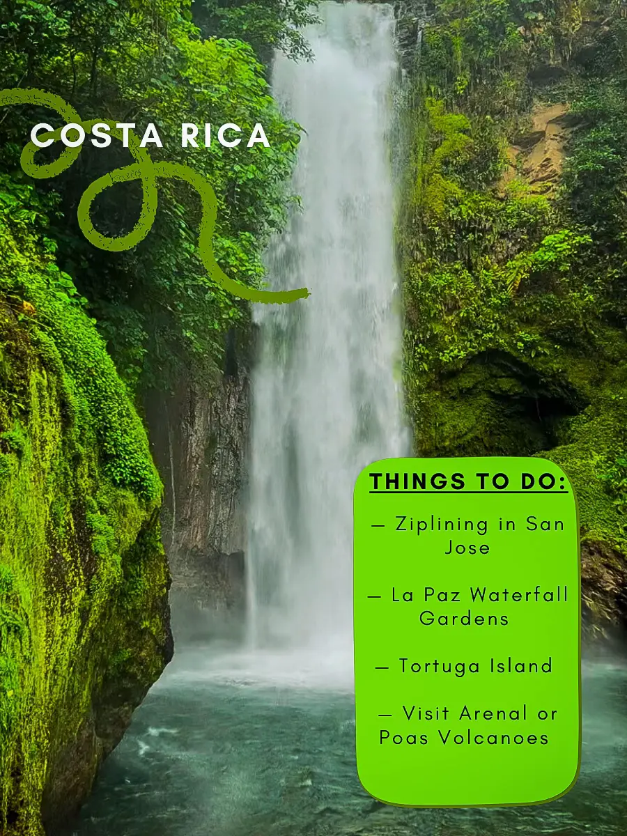  A green waterfall with a white sign that says "COSTA RICA THINGS TO DO"
