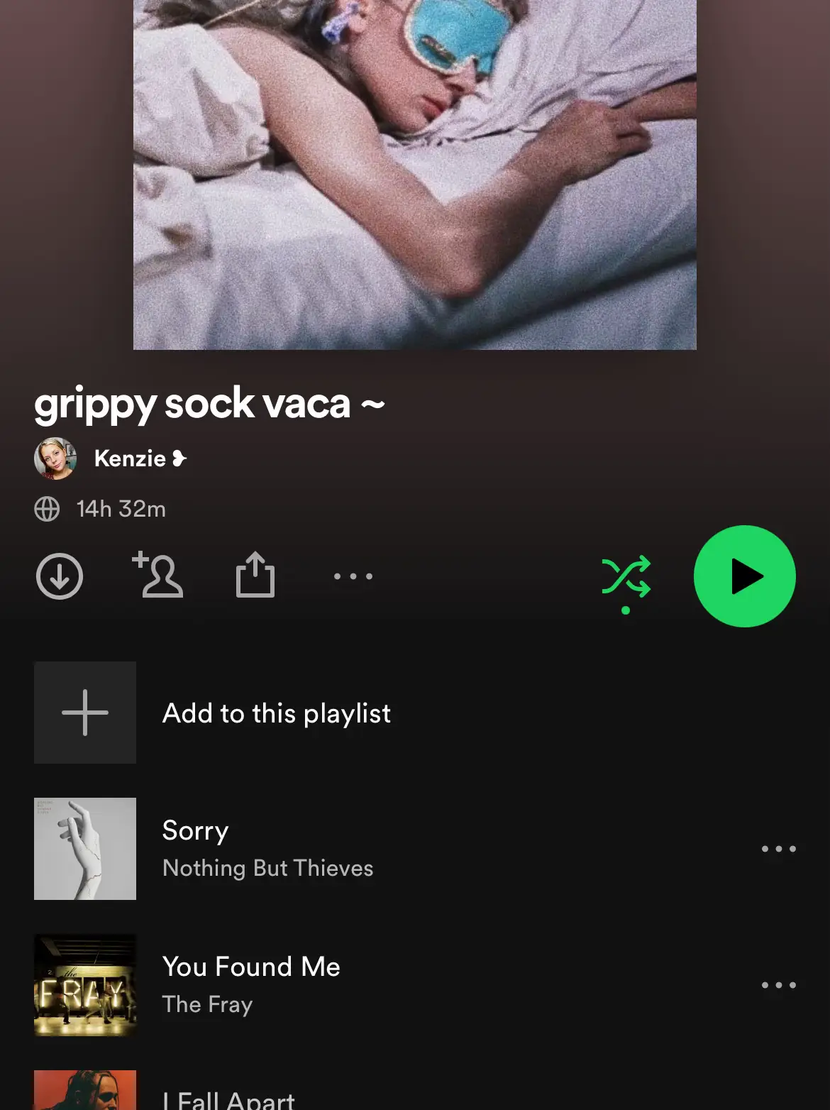  A playlist of music with the words "Add to this playlist" and "Sorry Nothing But Thieves You Found Me"
