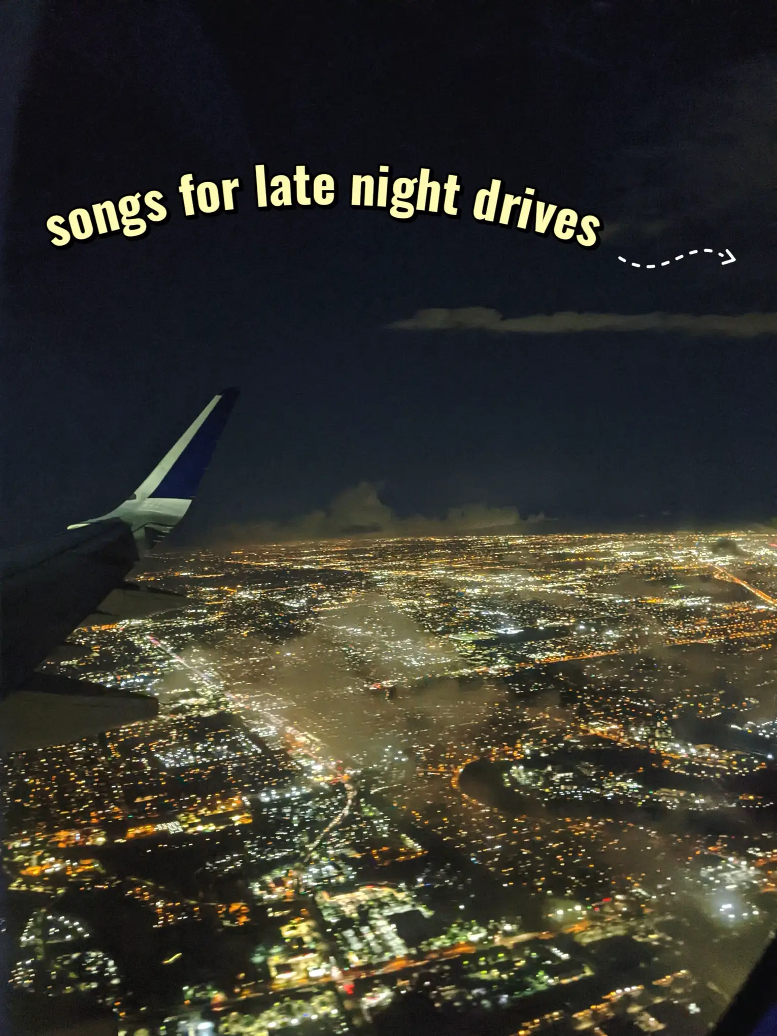  A plane flying over a city at night with the words "Late Night Drives" above it.