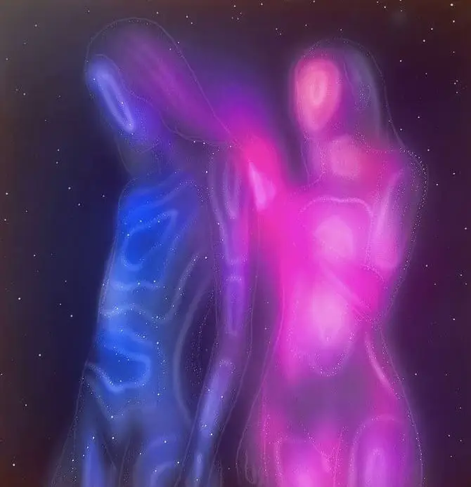  Two people in a purple light.