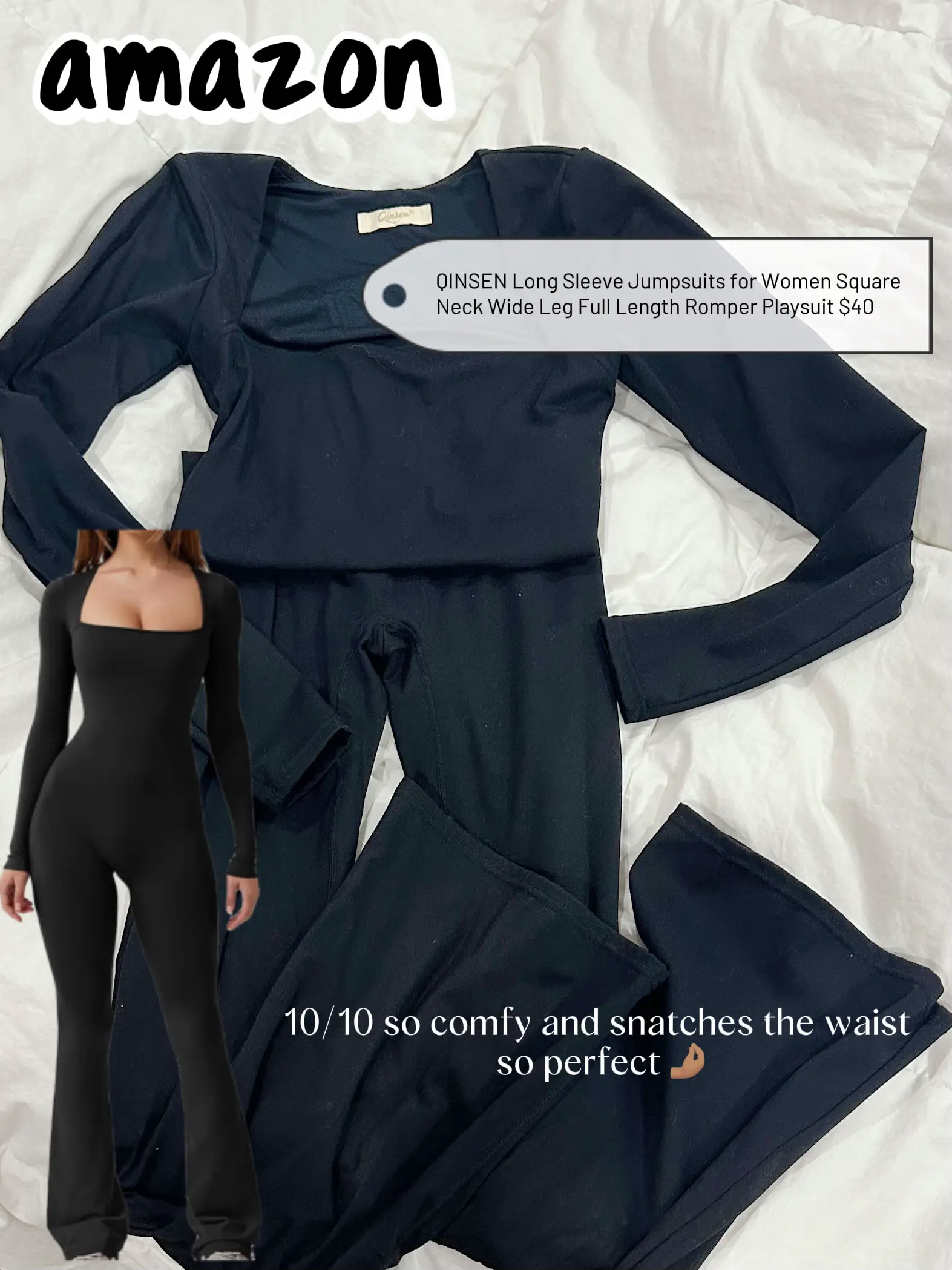  QINSEN Long Sleeve Jumpsuits for Women Square Neck Wide Leg  Full Length Romper Playsuit Black S : Clothing, Shoes & Jewelry