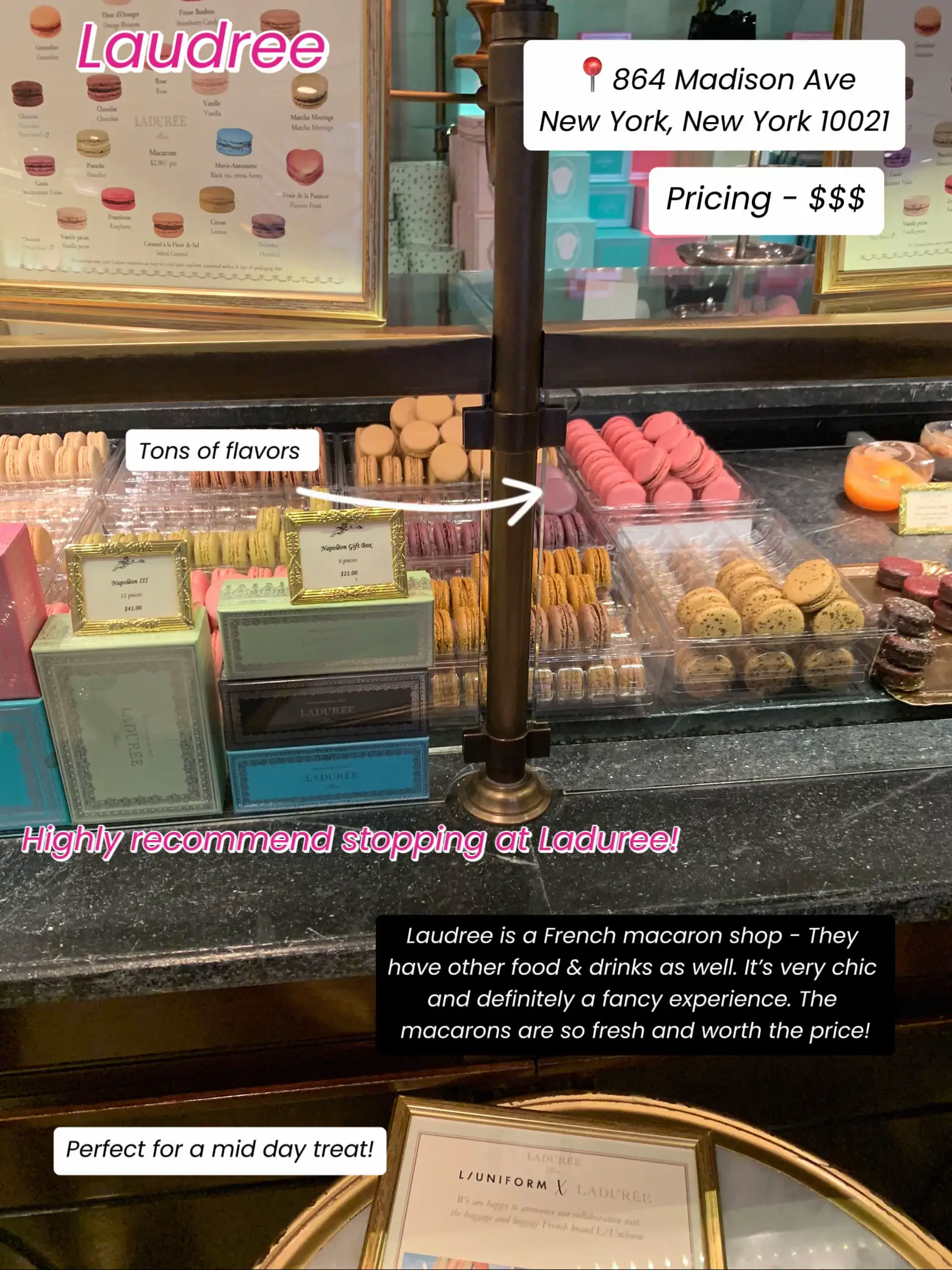  A display of macarons and other desserts at a storefront