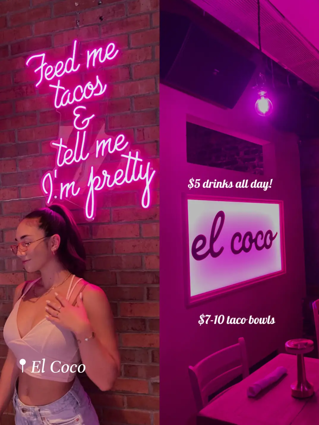  A woman is standing in front of a brick wall with a sign that says "El Coco". She is wearing a black shirt and jeans and is