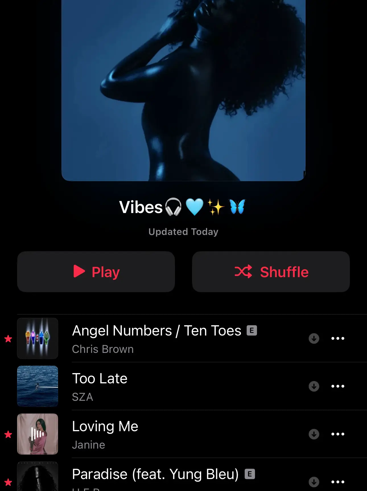  A list of music with a woman on the cover and the words "Vibes Updated Today"