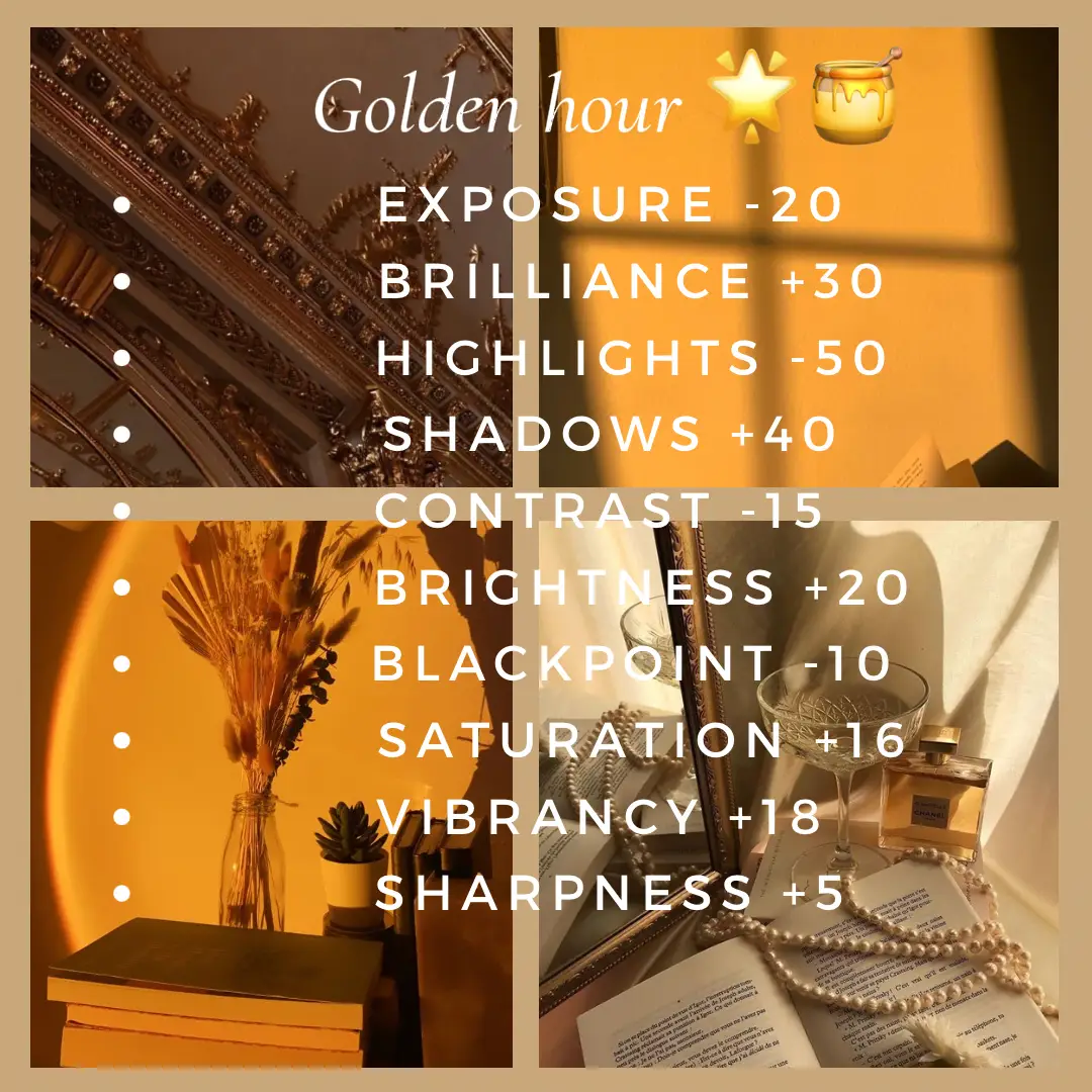  A collage of images with the words "Golden hour" and "Exposure" at the top.