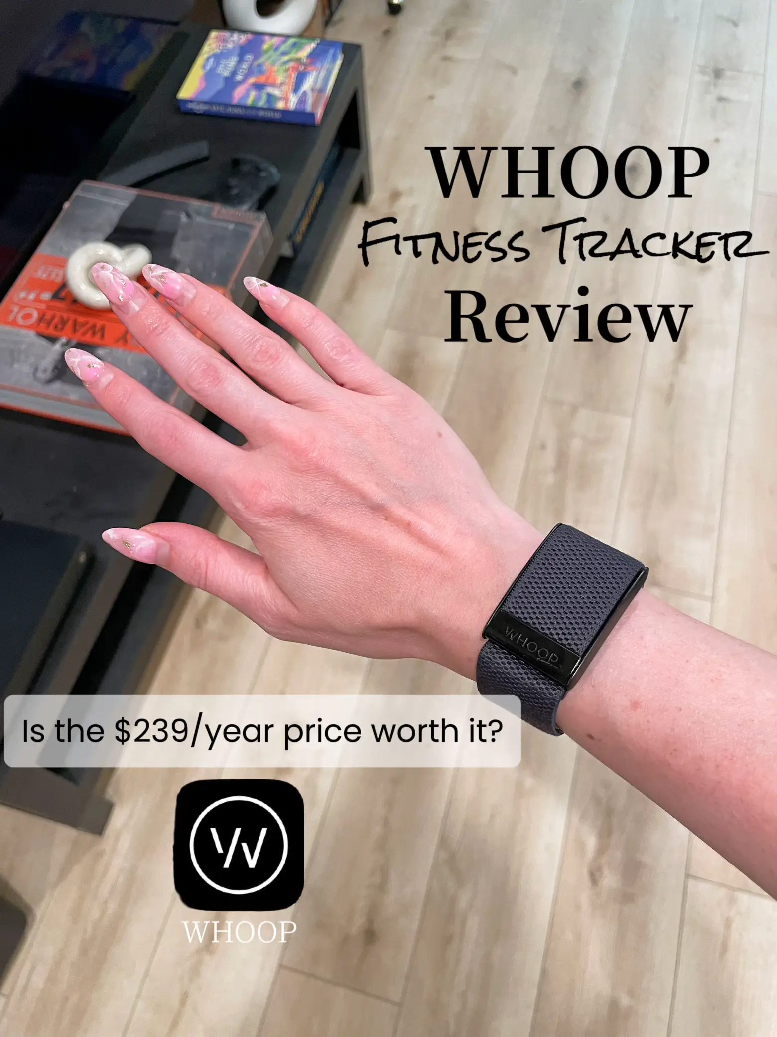  A person is wearing a fitness tracker that is being advertised for $239/year.