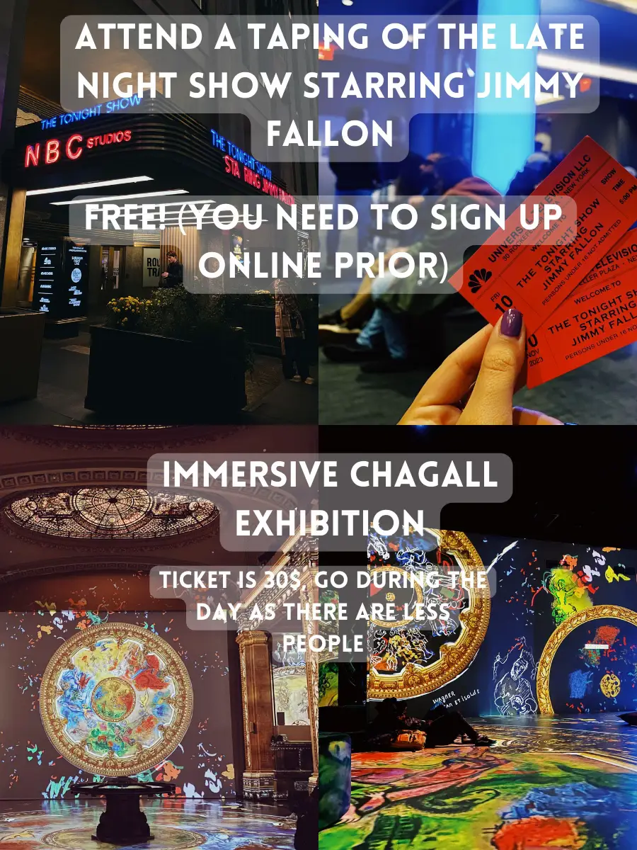  A collage of four pictures with the words "attend a taping of the late night show starring Jimmy the Tonig