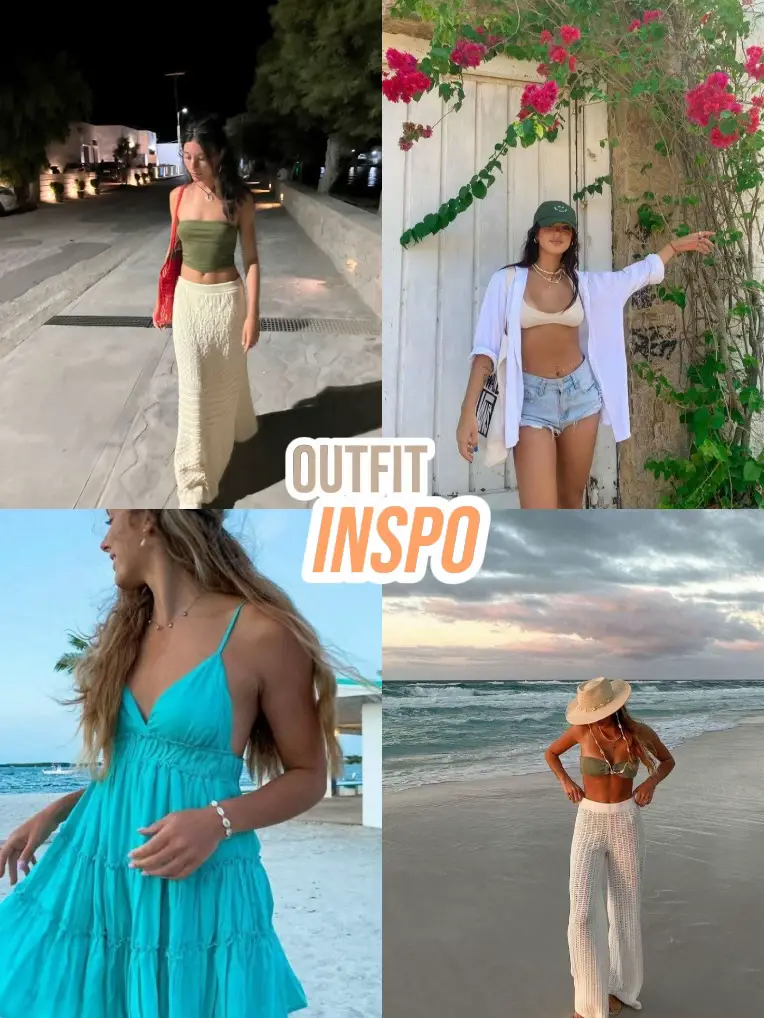  A collage of four pictures of women wearing tops and shorts.