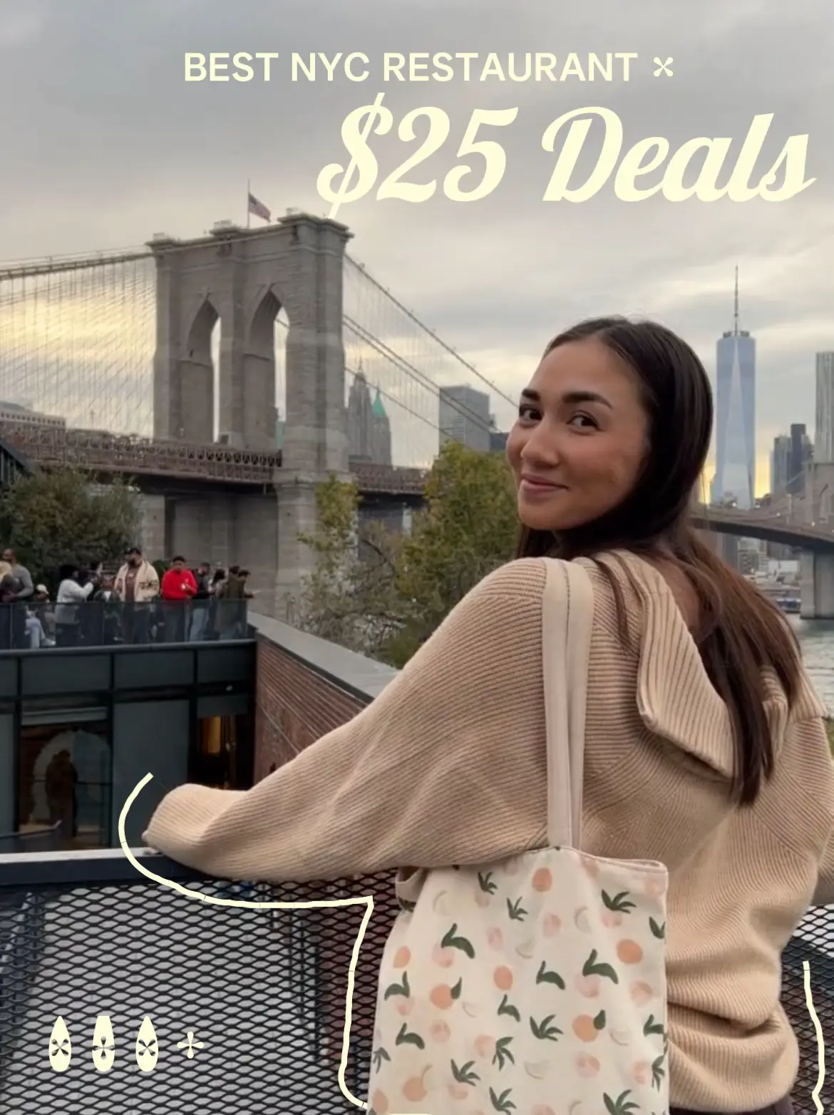  A woman is standing on a balcony of a building with a bridge in the background. She is wearing a brown sweater and a brown purse. The building has a sign that says "best ny