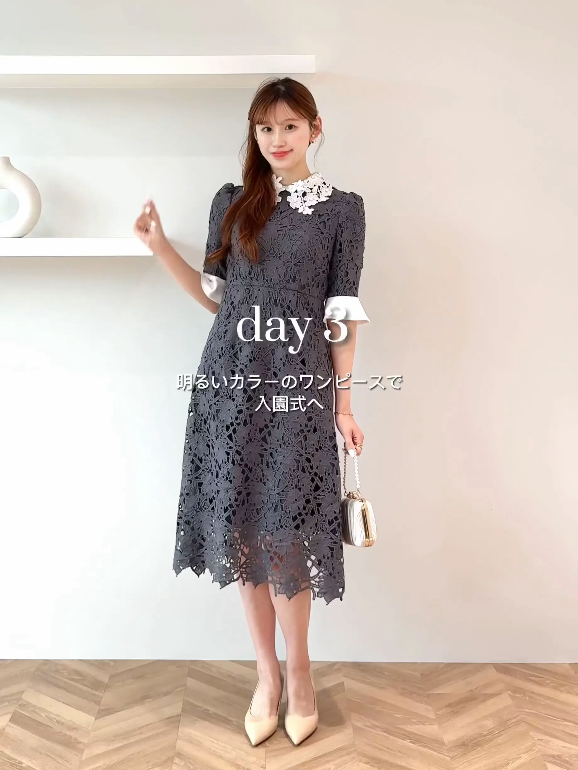 lejaチェック刺繍スパンコールチュール素材袖リボンパフススリーブ