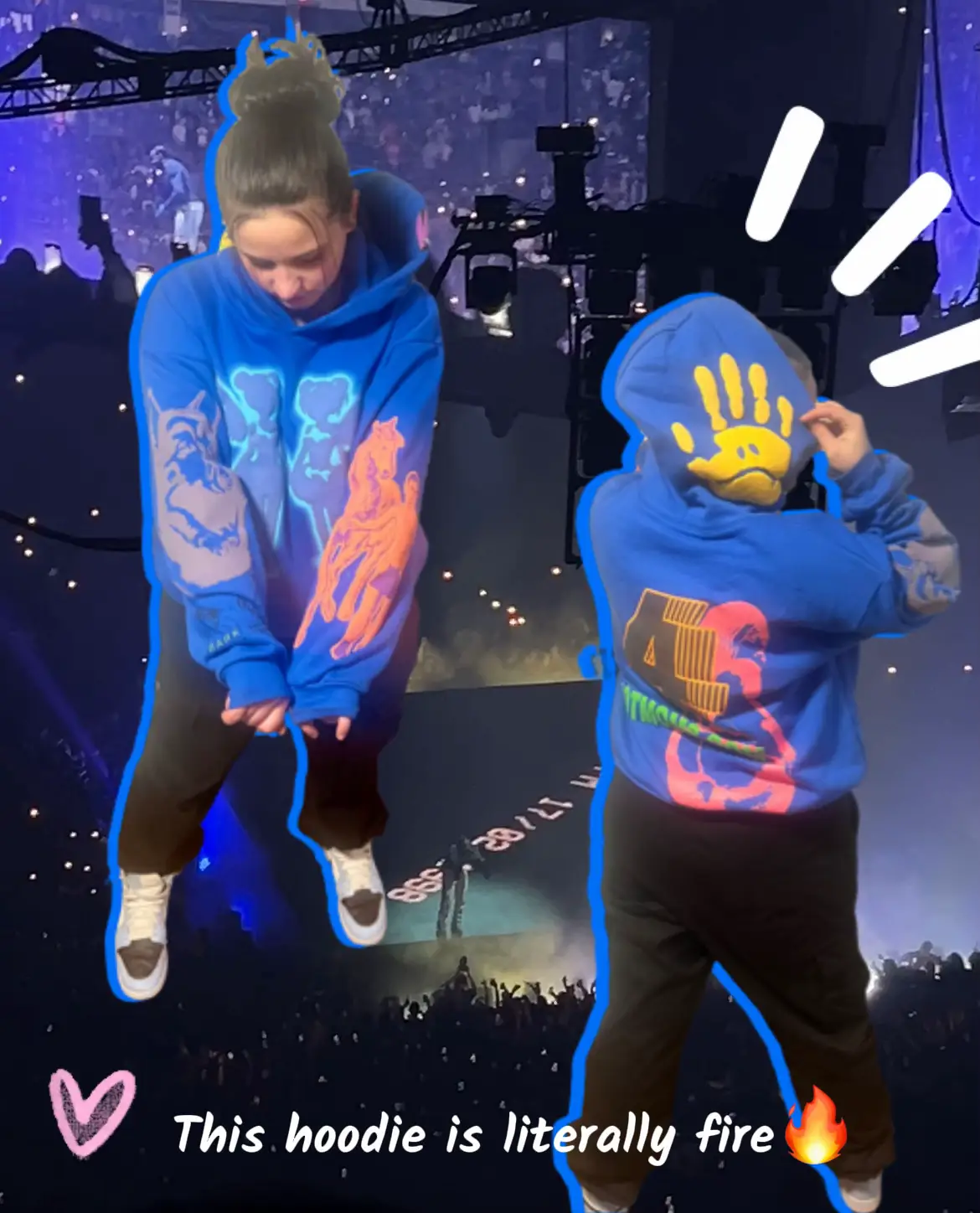  Two children are wearing hoodies with different designs, and they are both jumping in the air.